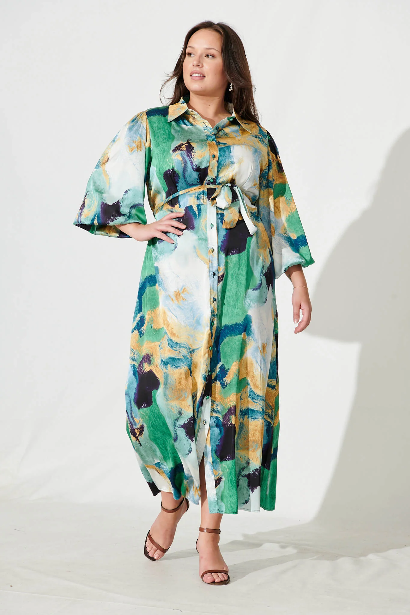 Gabi Maxi Shirt Dress In Blue Green Watercolour
