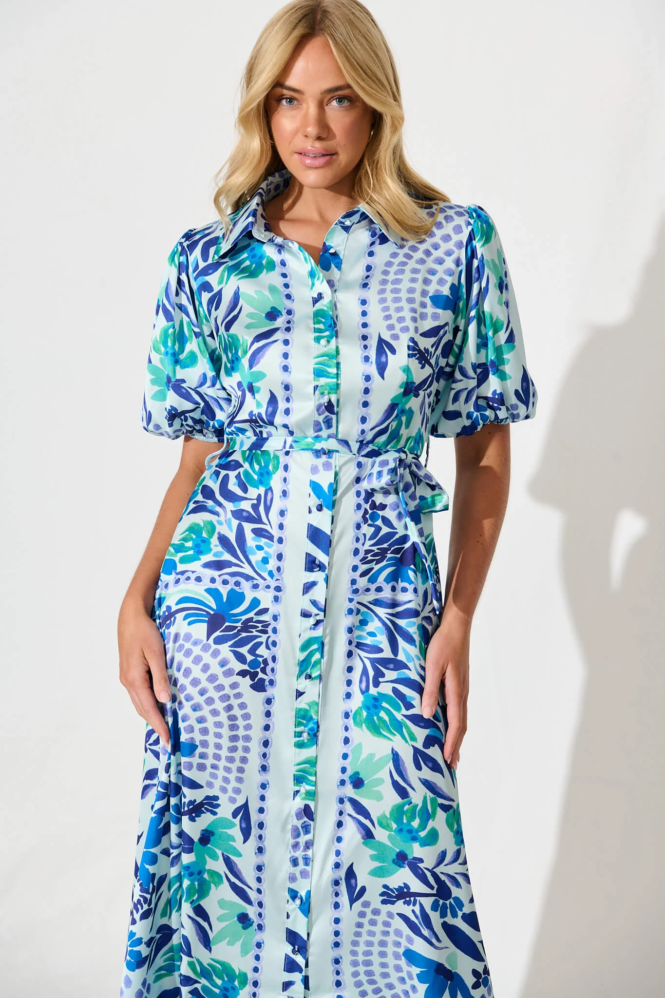 Gabriela Maxi Shirt Dress In Aqua with Blue Print Satin - Image 2