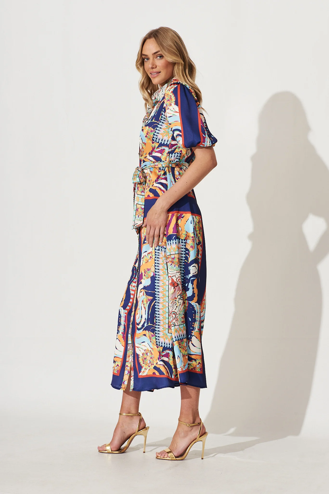 Gabriela Maxi Shirt Dress In Navy Multi Print Satin - Image 3