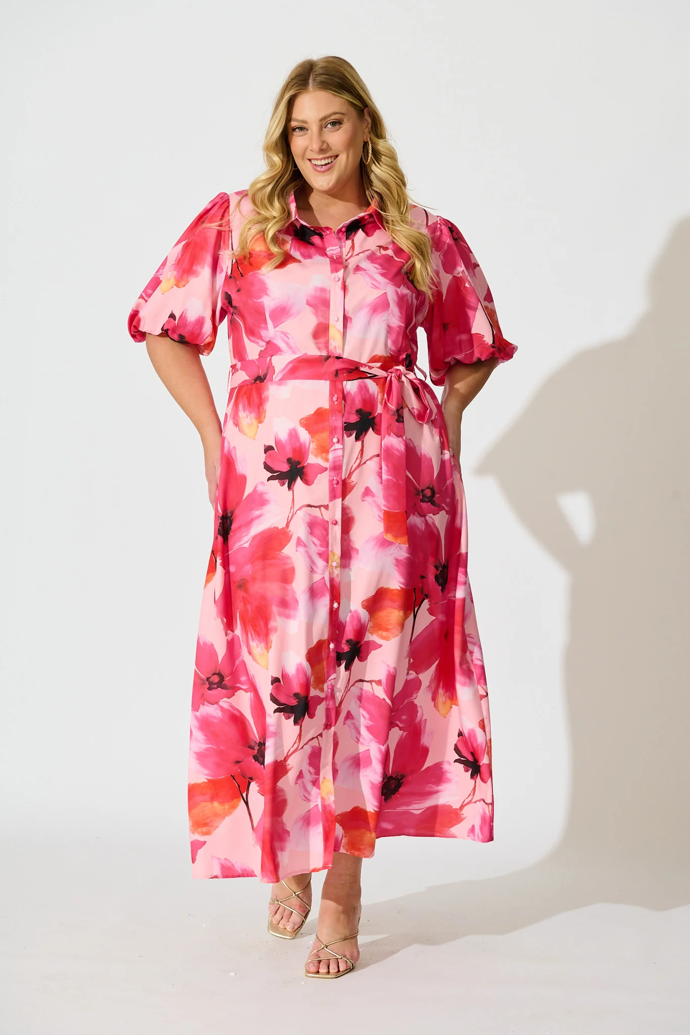 Gabriela Maxi Shirt Dress in Pink Floral Satin - Image 6