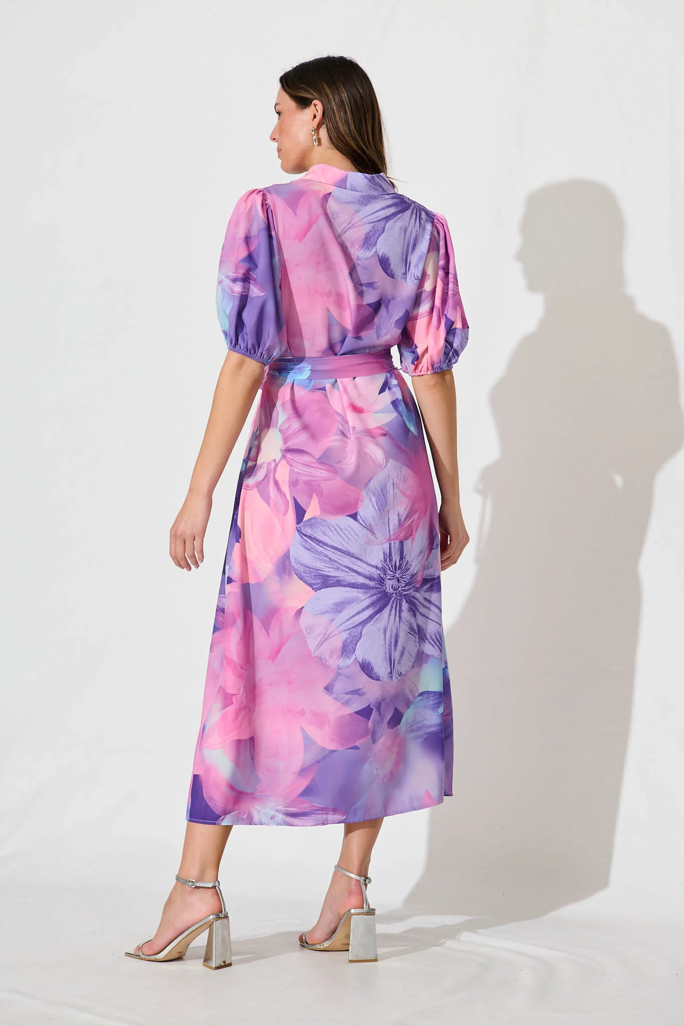 Gabriela Maxi Shirt Dress In Pink With Purple Floral - Image 4