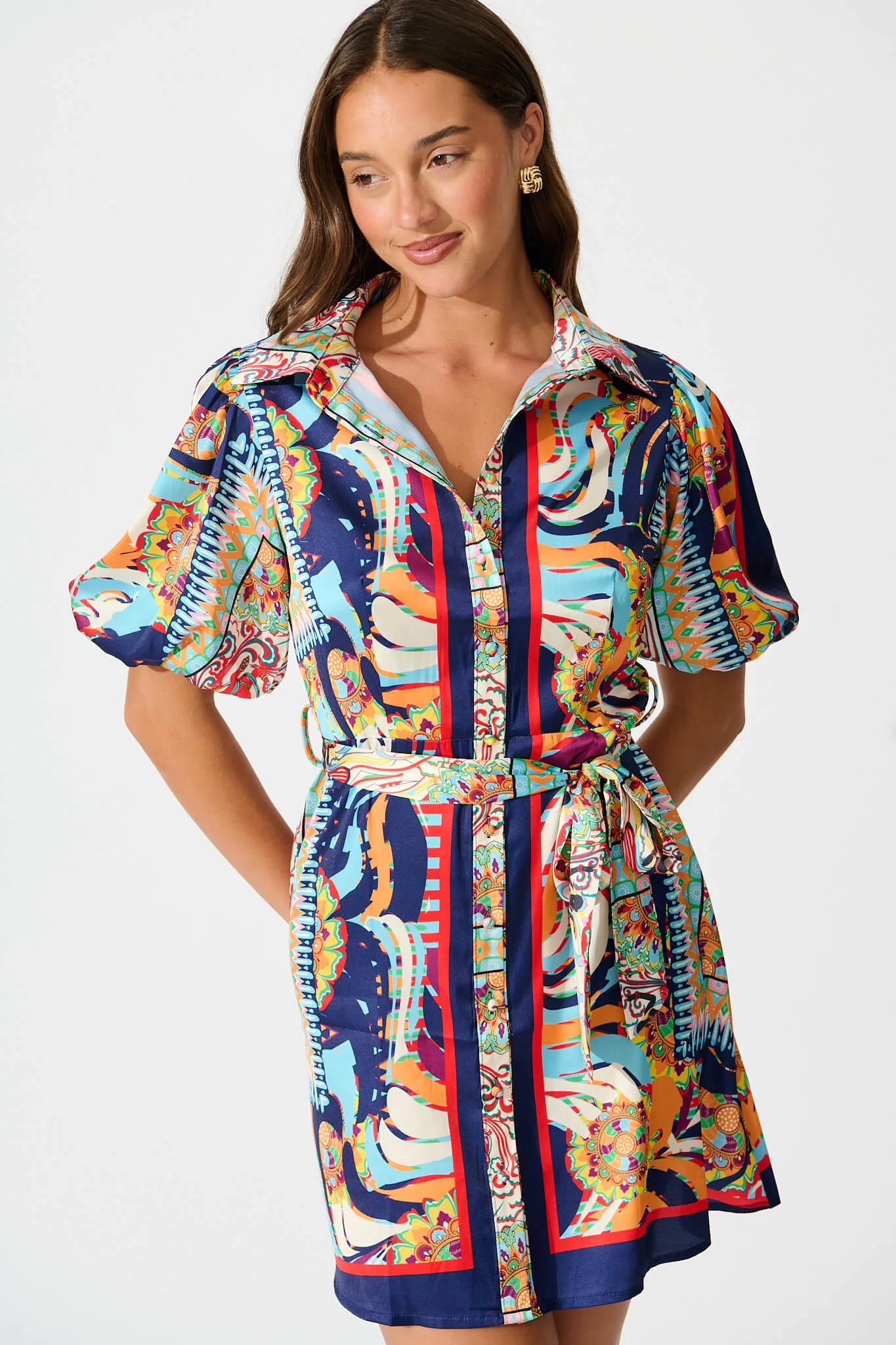Gabrielino Shirt Dress In Navy Multi Print Satin - Image 2