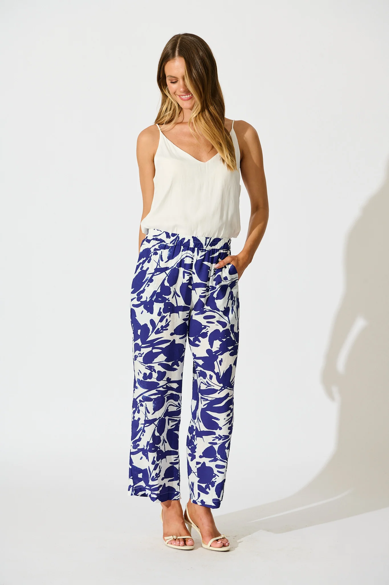 Gala Pant in White and Navy Print Linen Blend - Image 4