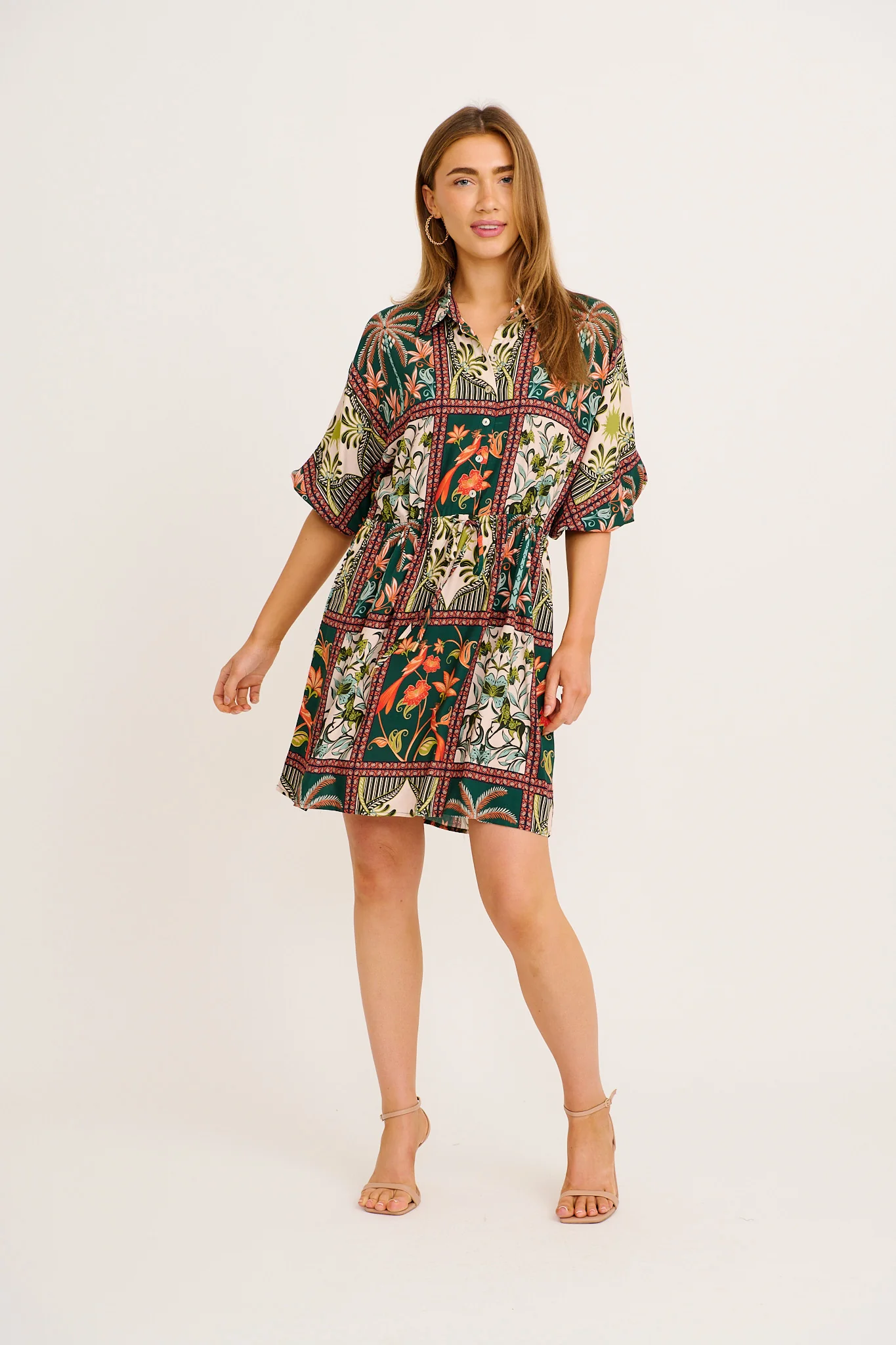 Garden Of Tiles Shirt Dress in Green Tile Print
