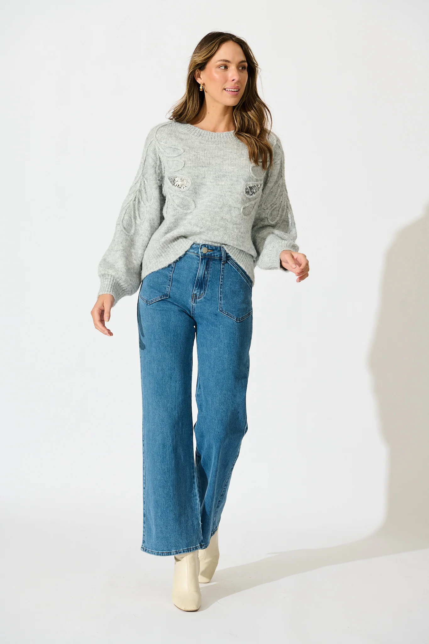 Gemma Knit in Grey Marle with Silver Sequin Wool Blend - Image 4