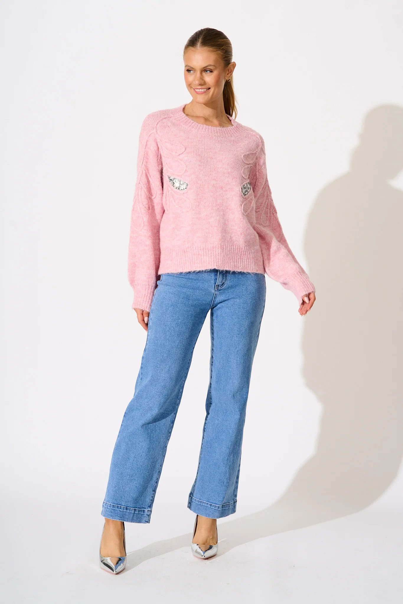 Gemma Knit in Pink Marle with Silver Sequin Wool Blend - Image 4