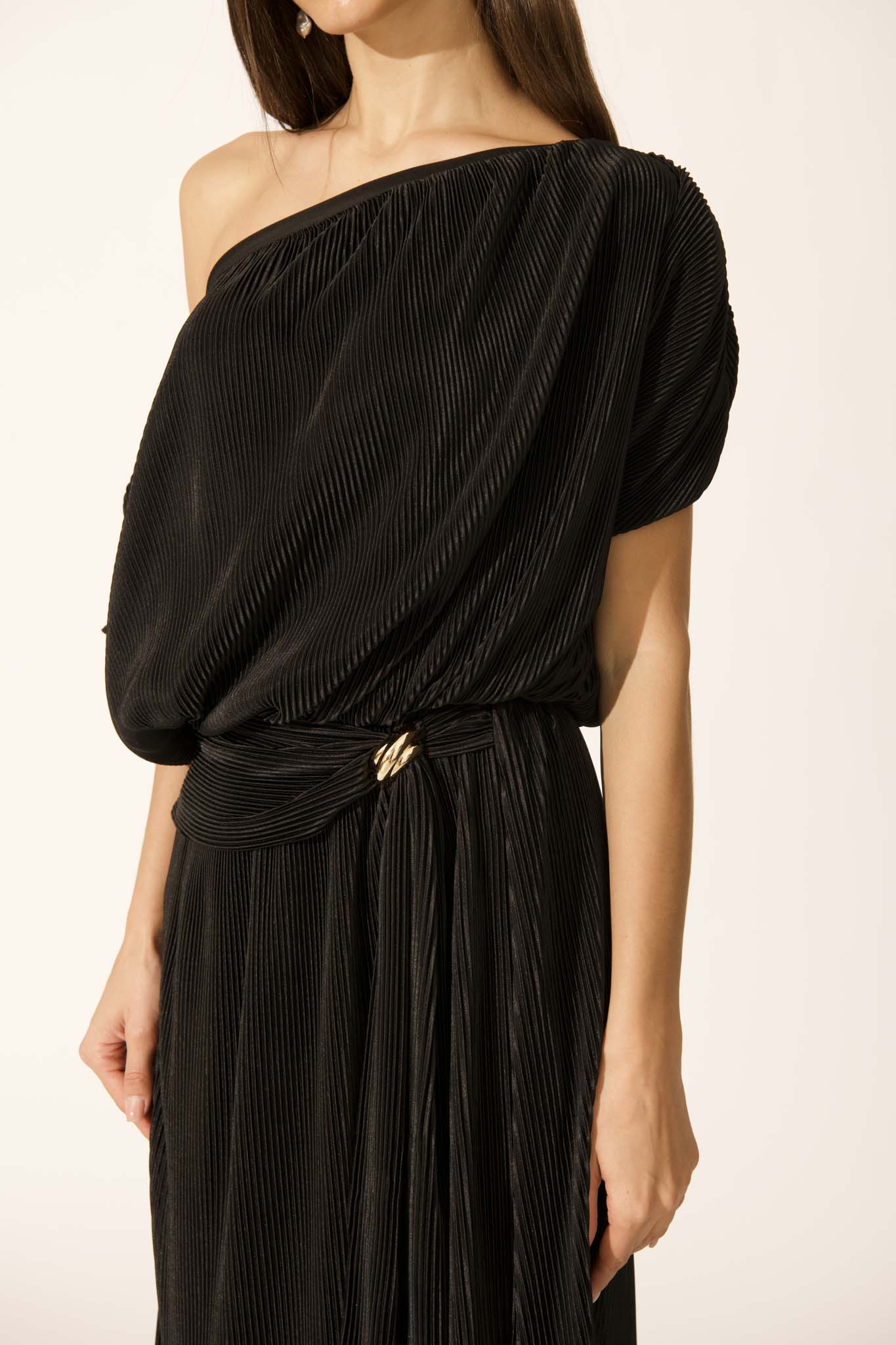 Gena Off Shoulder Maxi Dress in Black Plisse - Image 11