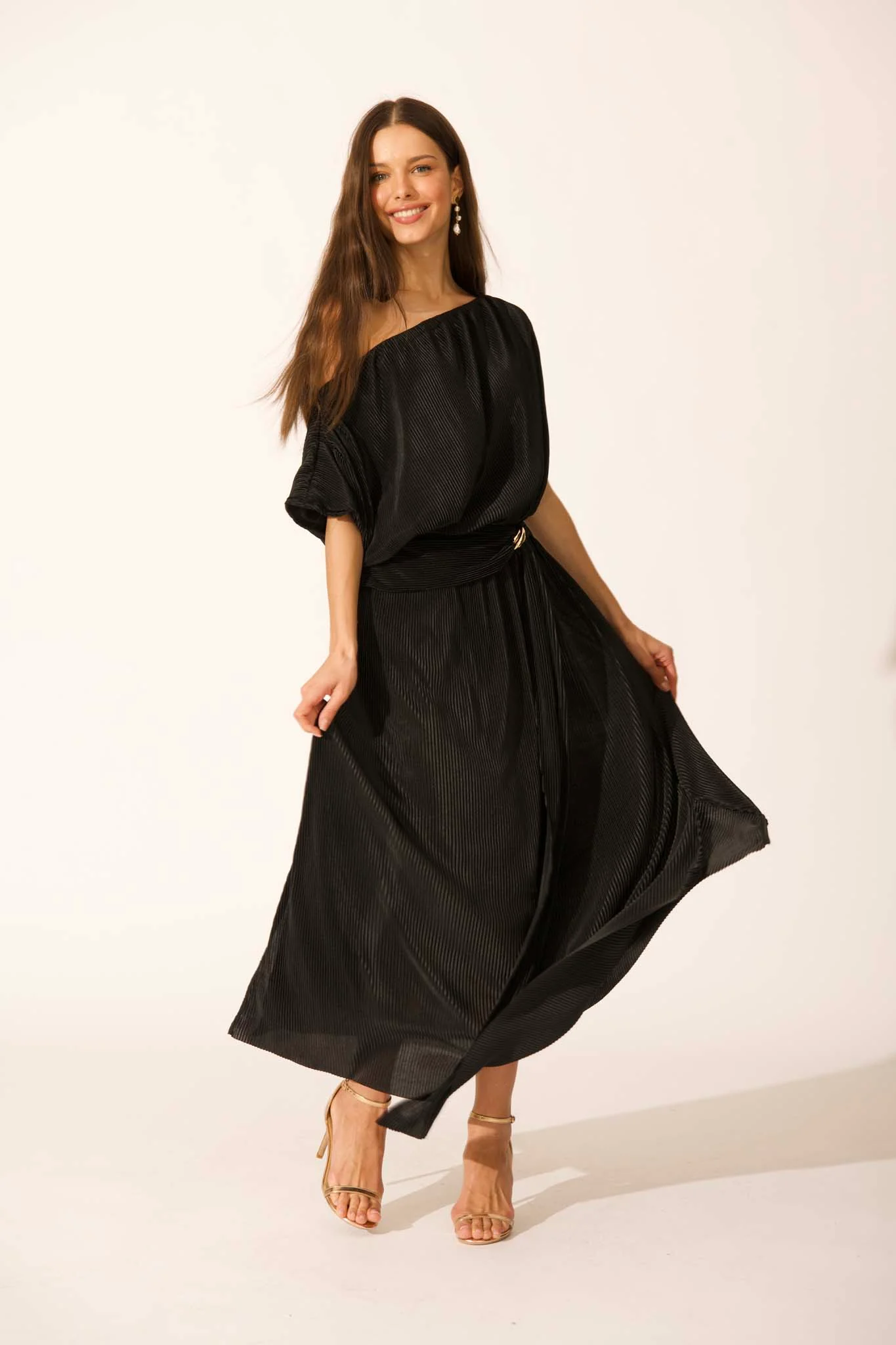 Gena Off Shoulder Maxi Dress in Black Plisse - Image 3