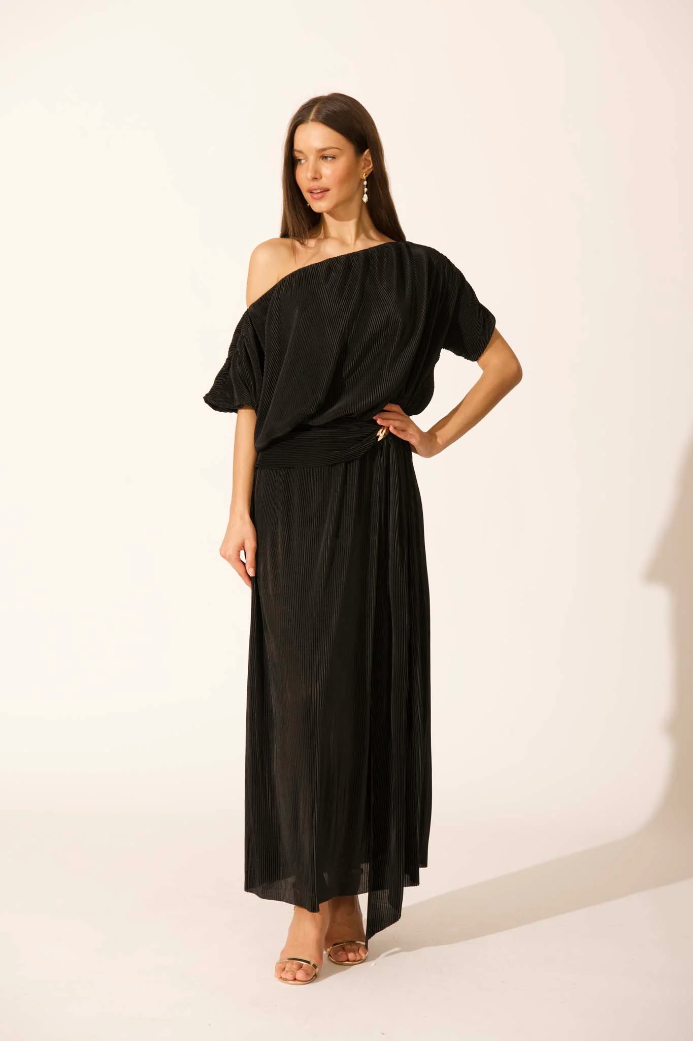 Gena Off Shoulder Maxi Dress in Black Plisse - Image 7
