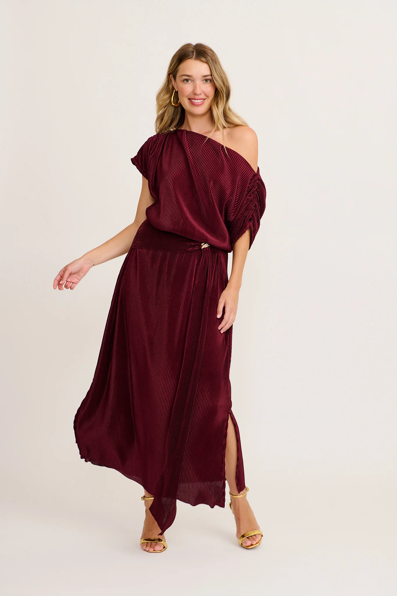 Gena Off Shoulder Maxi Dress in Wine Plisse - Image 3