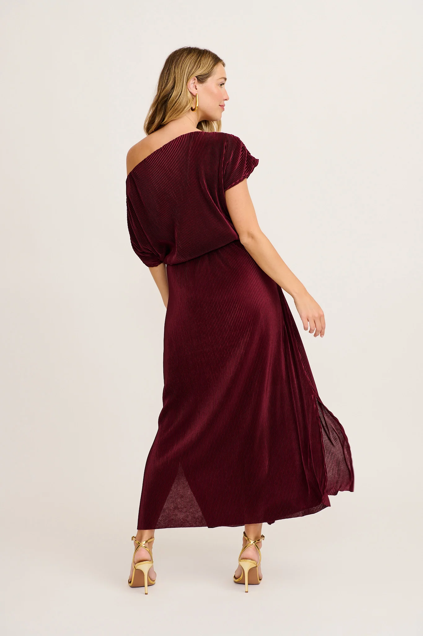 Gena Off Shoulder Maxi Dress in Wine Plisse - Image 7