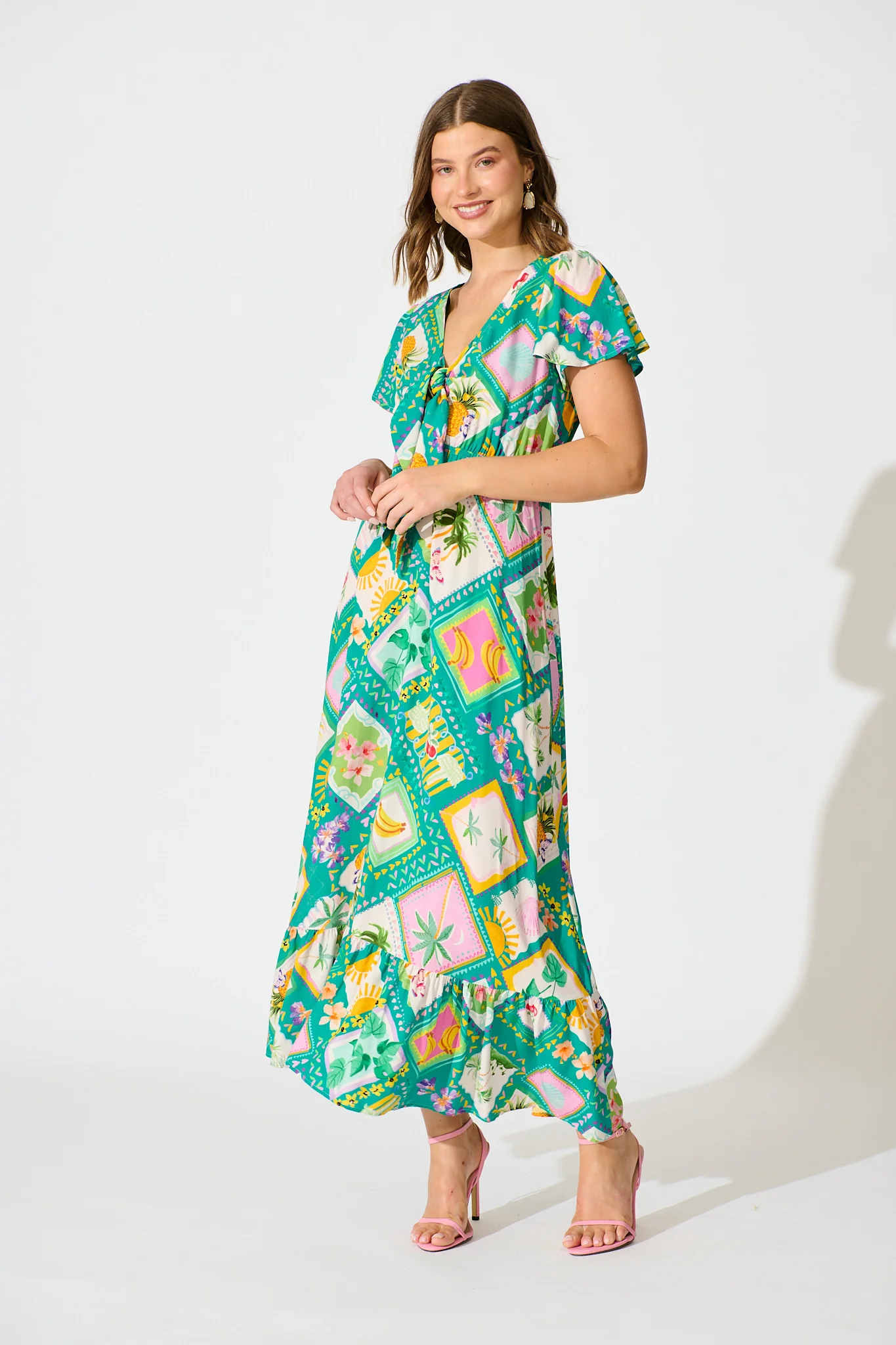 Georgina Maxi Dress In Green with Multi Tile Print - Image 3