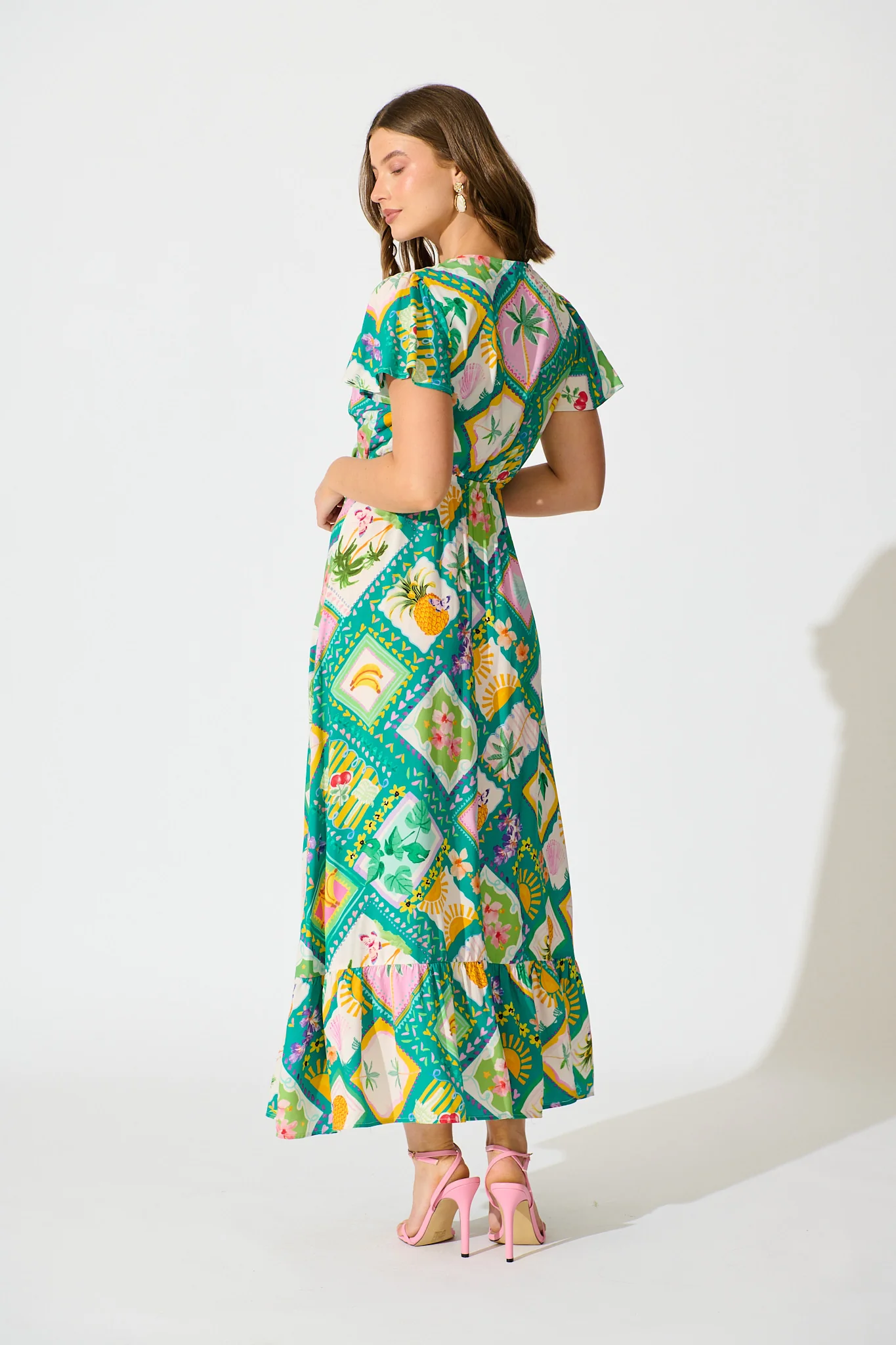 Georgina Maxi Dress In Green with Multi Tile Print - Image 7