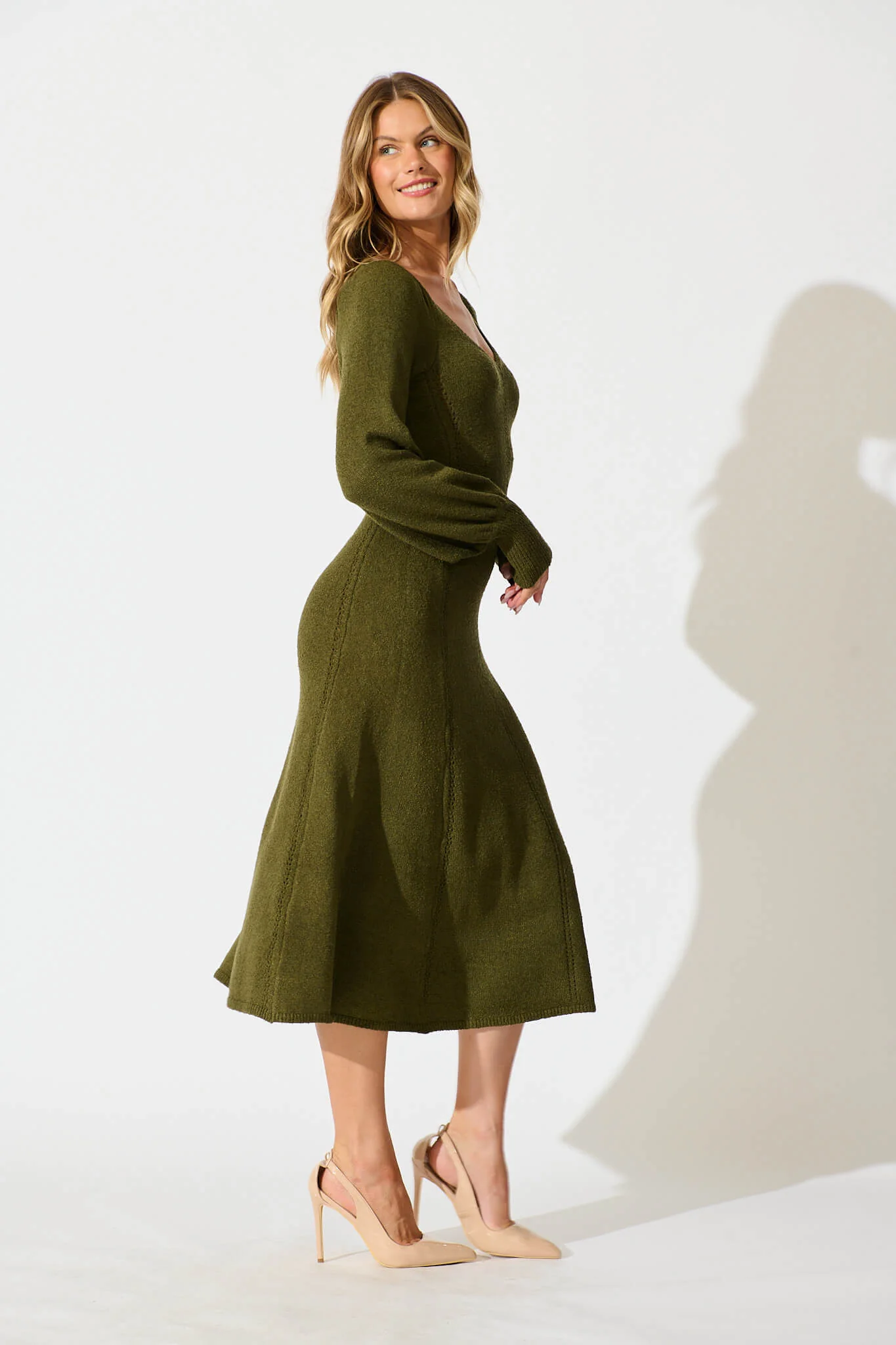 Gertie Midi Knit Dress In Khaki - Image 3