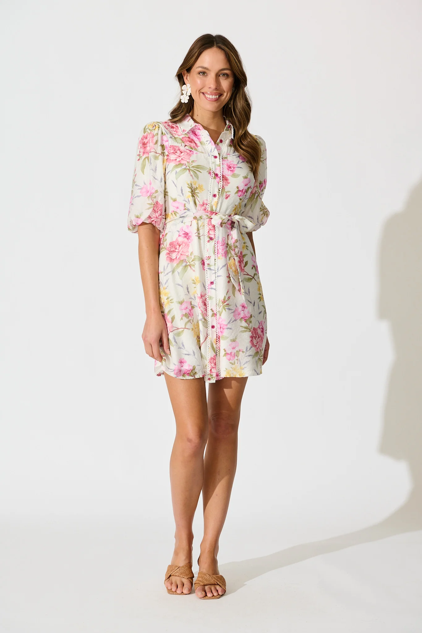 Ginny Shirt Dress in White with Blush Floral