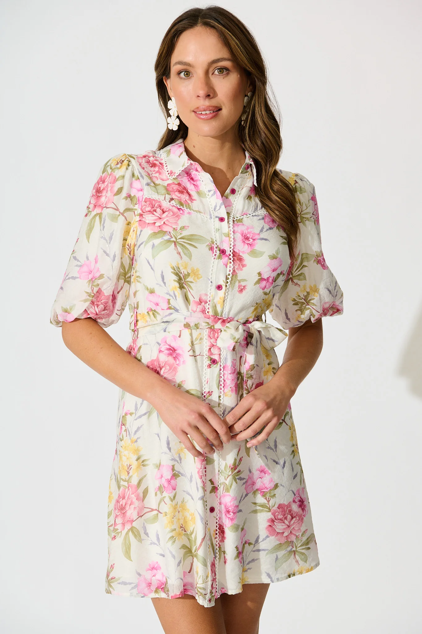 Ginny Shirt Dress in White with Blush Floral - Image 2