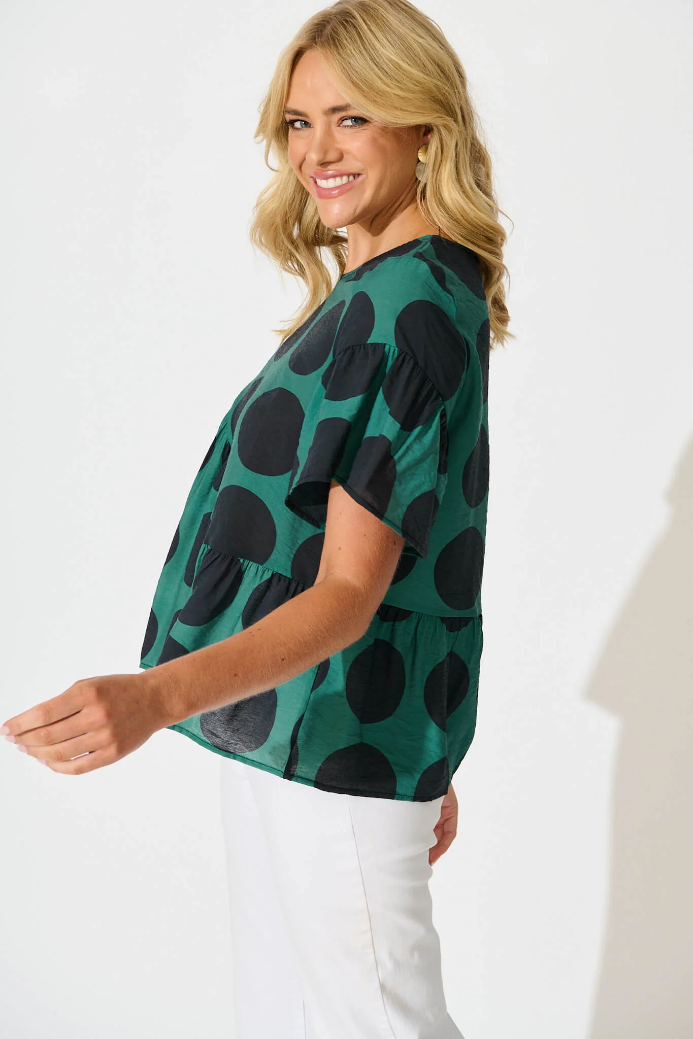 Girona Top In Emerald with Black Spot Cotton Blend - Image 2
