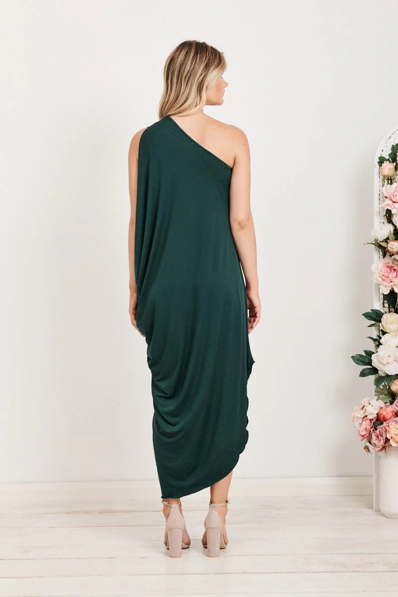 Goddess One Shoulder Maxi Dress in Emerald Green - Image 4