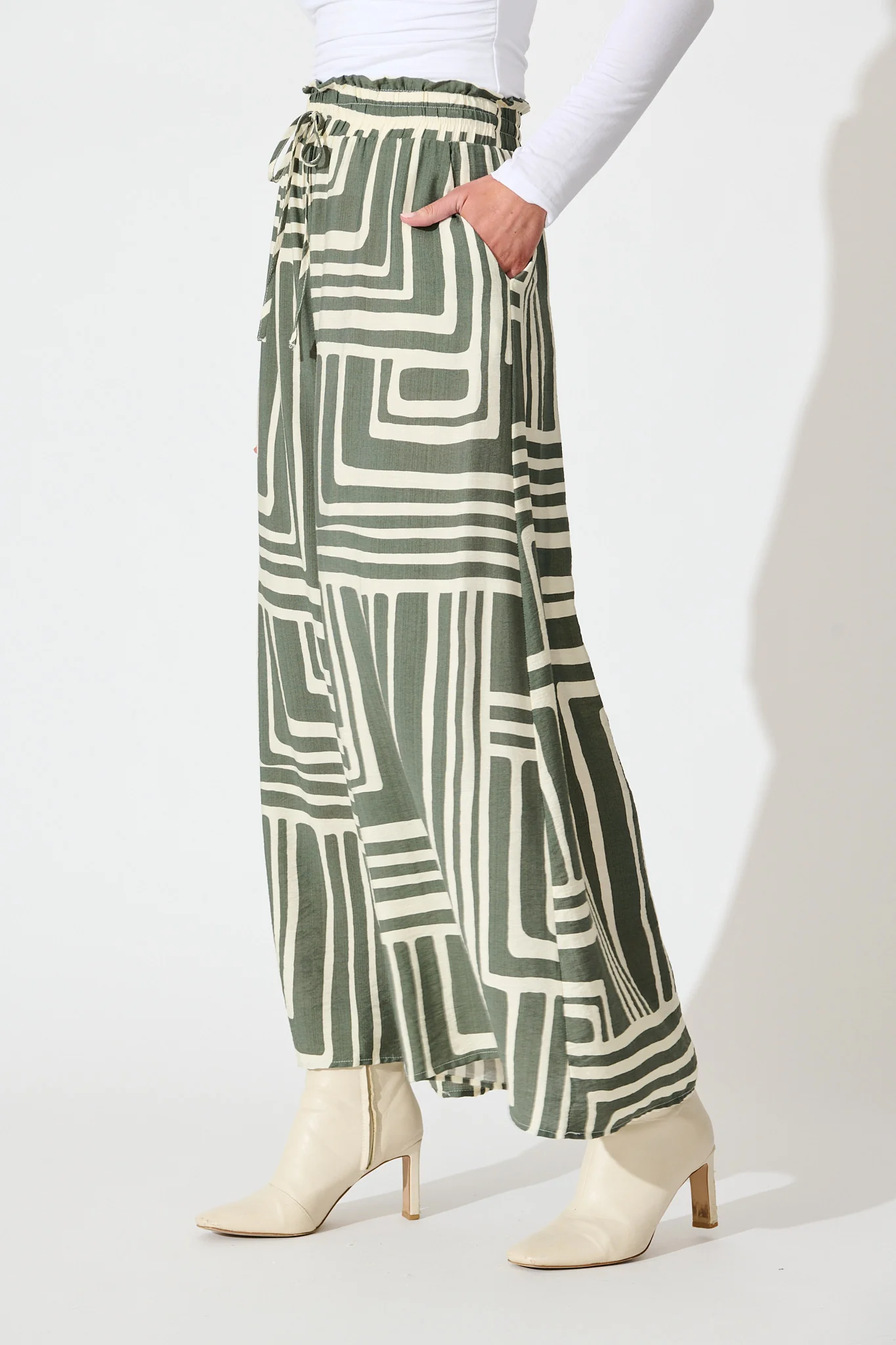 Goldie Pant in Cream and Green Geometric Print - Image 2