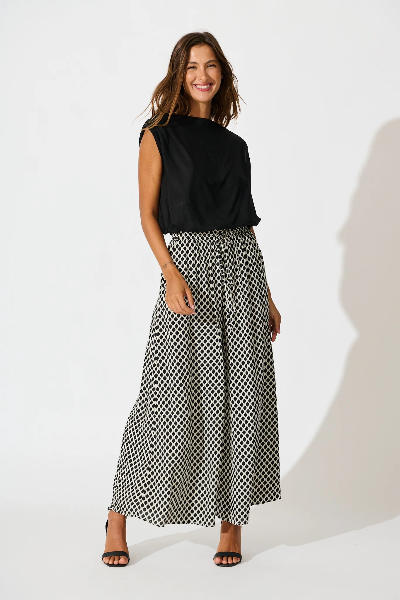 Goldie Wide Leg Pant in Black and Cream Geometric Print - Image 4