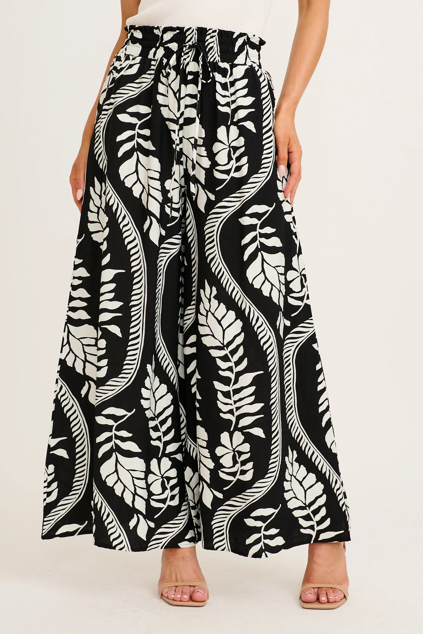 Goldie Wide Leg Pant in Black with White Leaf Print