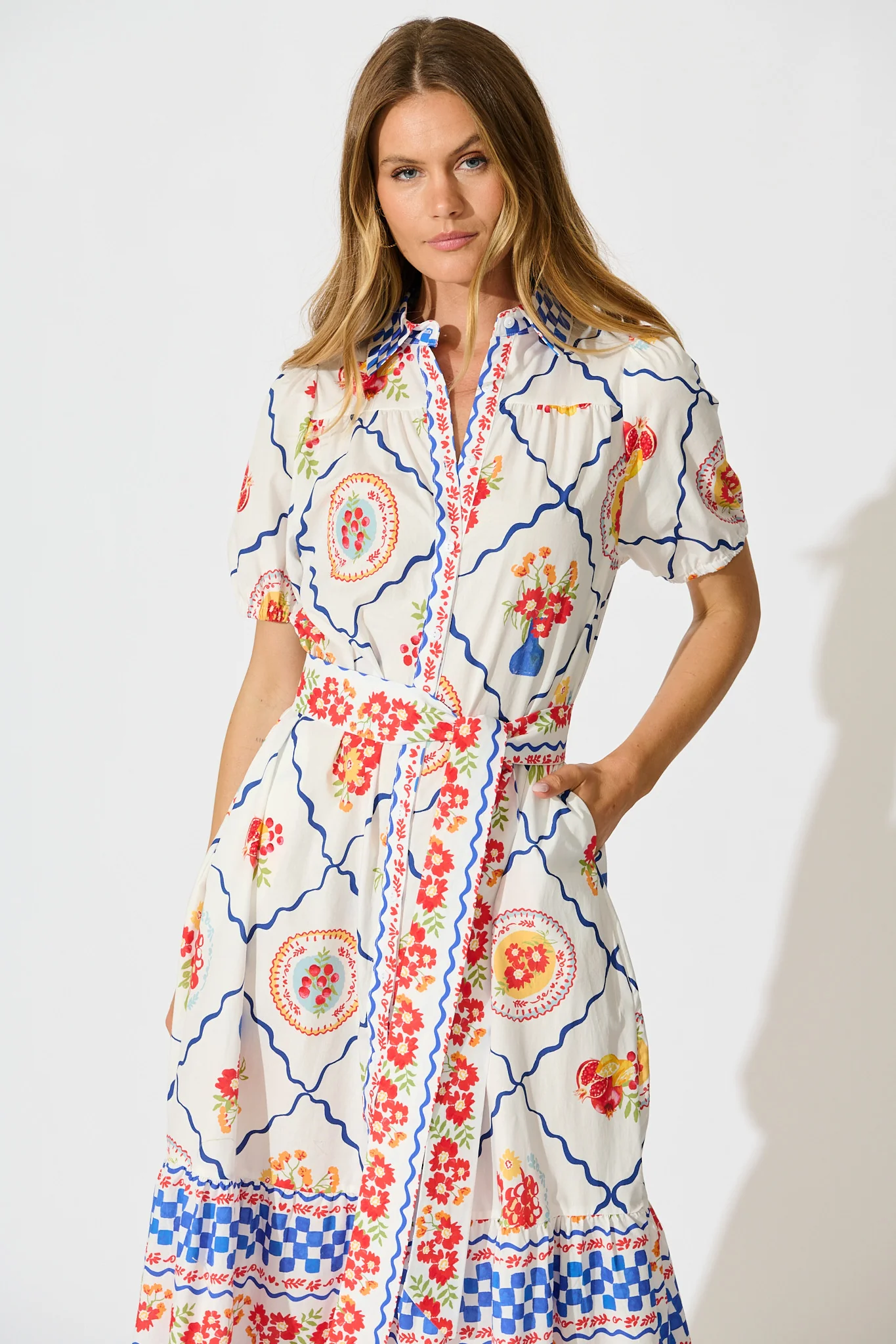 Gorgina Midi Shirt Dress in White Multi Tile Cotton - Image 2