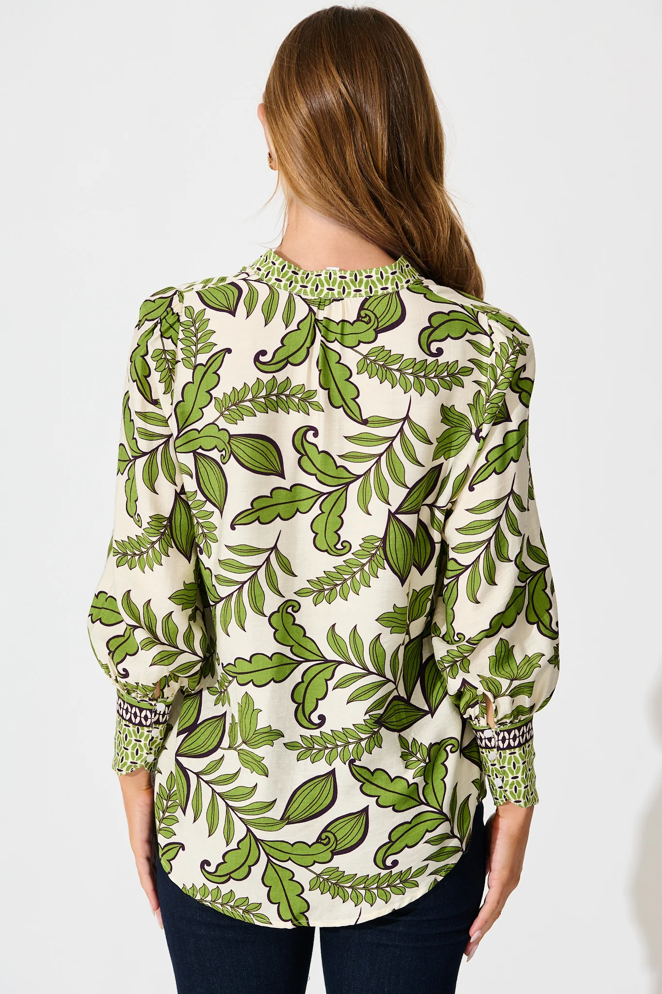 Graceful Top in Cream with Green Leaf - Image 3