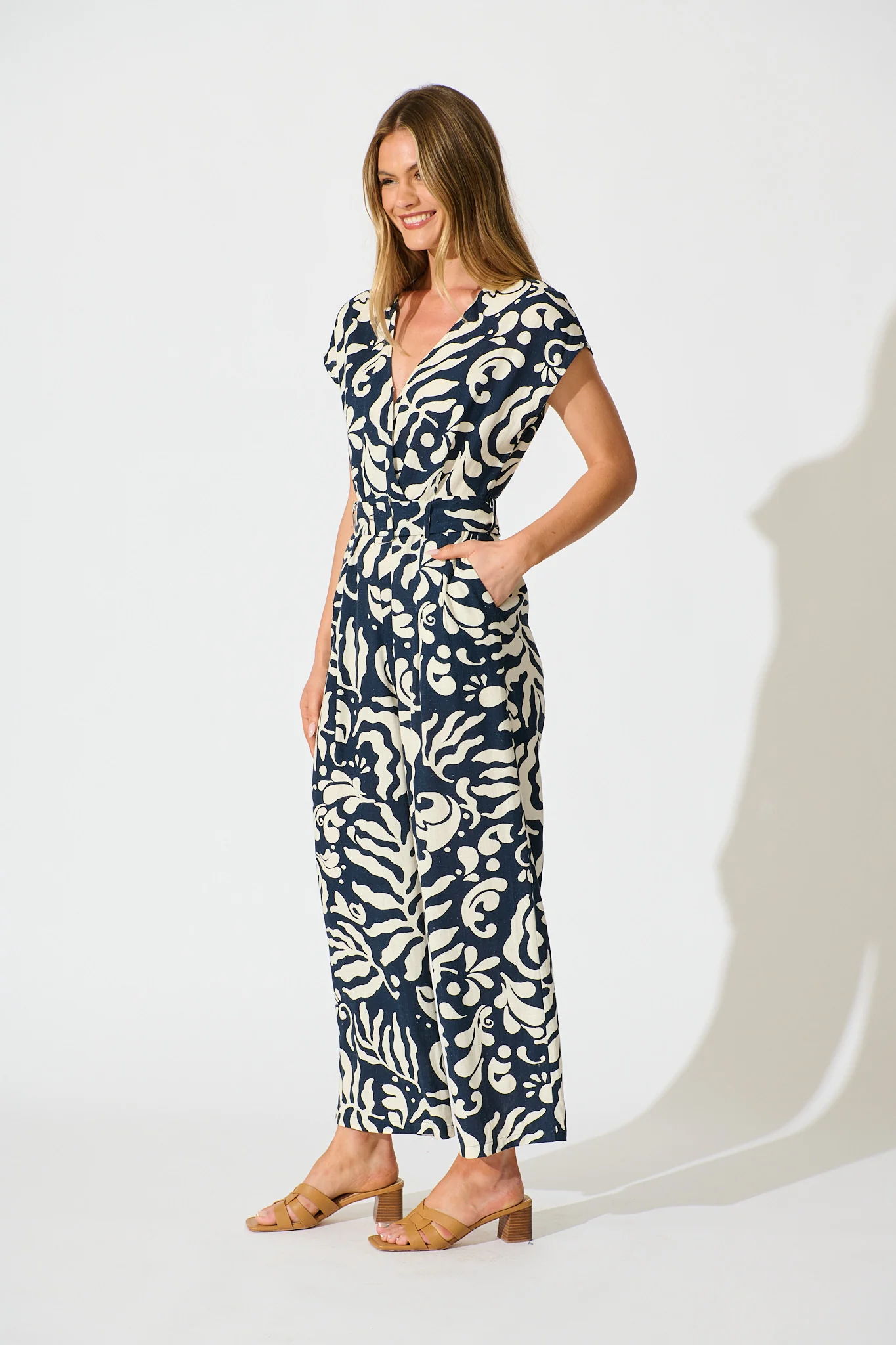 Gracella Jumpsuit in Navy and Cream Linen Blend - Image 3