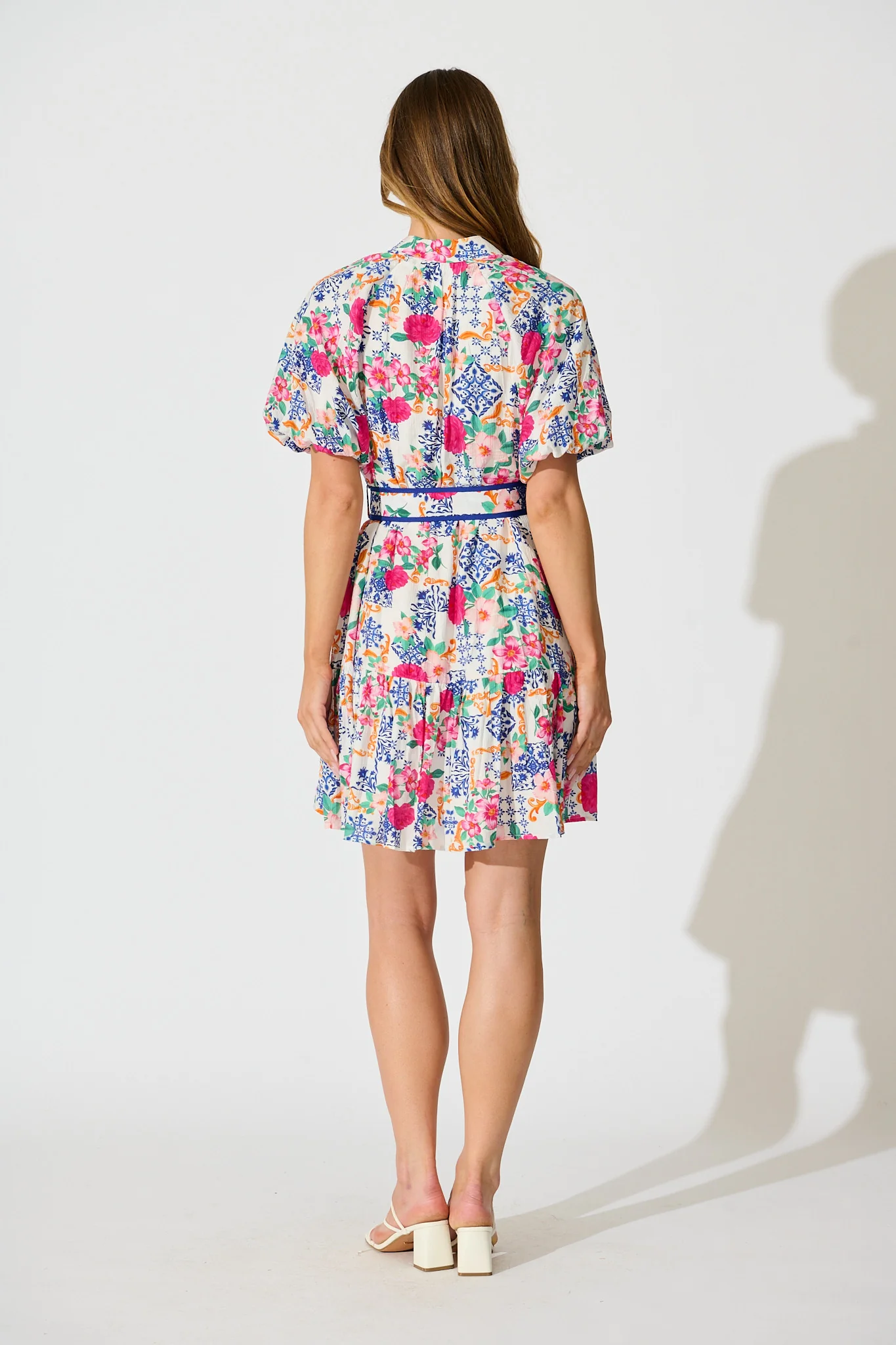 Graciana Dress in Blue with Multi Patchwork Floral - Image 4
