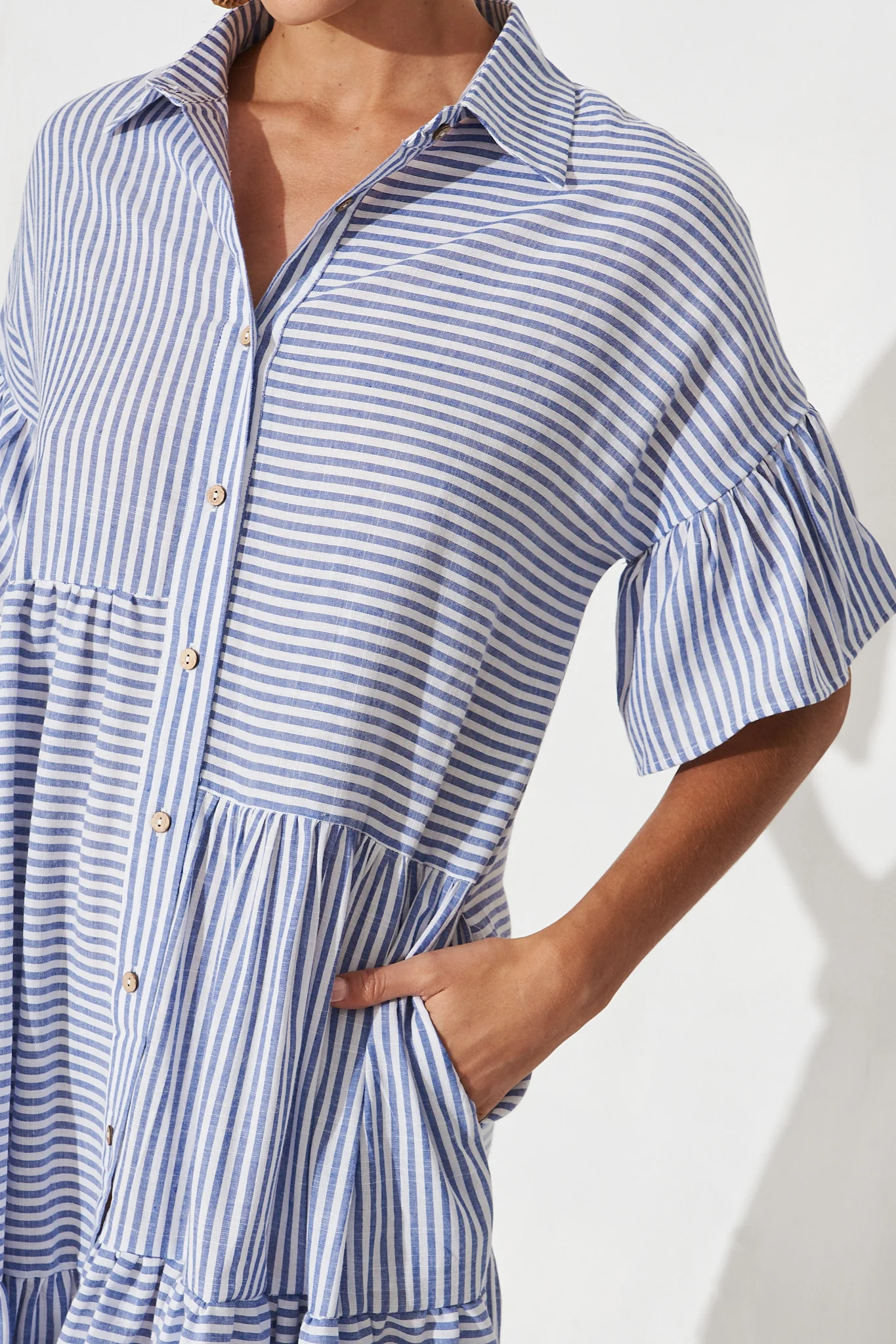 Gwennie Midi Shirt Dress In Blue And White Stripe Cotton - Image 5