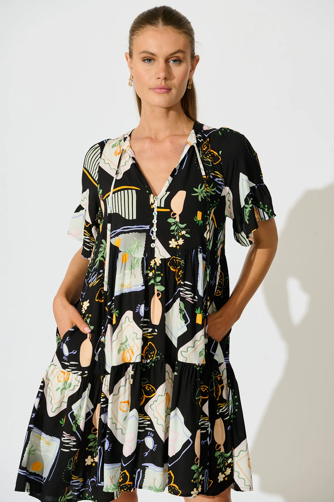 Hadara Smock Dress in Black with Multi Print - Image 2