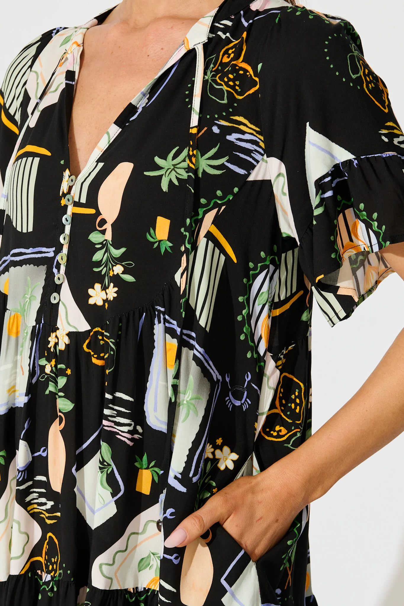 Hadara Smock Dress in Black with Multi Print - Image 5