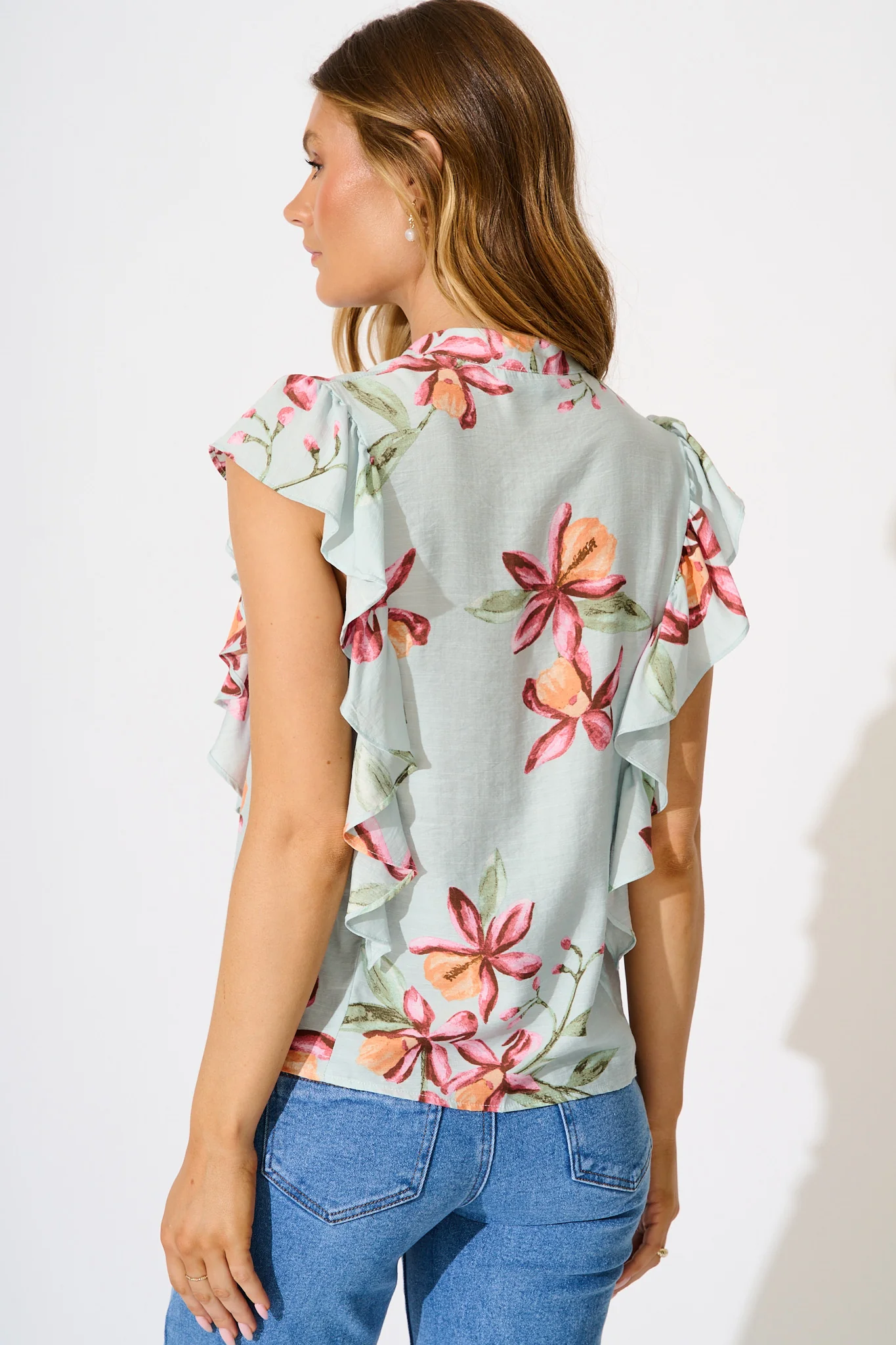 Hallie Top in Pale Blue with Pink Floral Print - Image 3