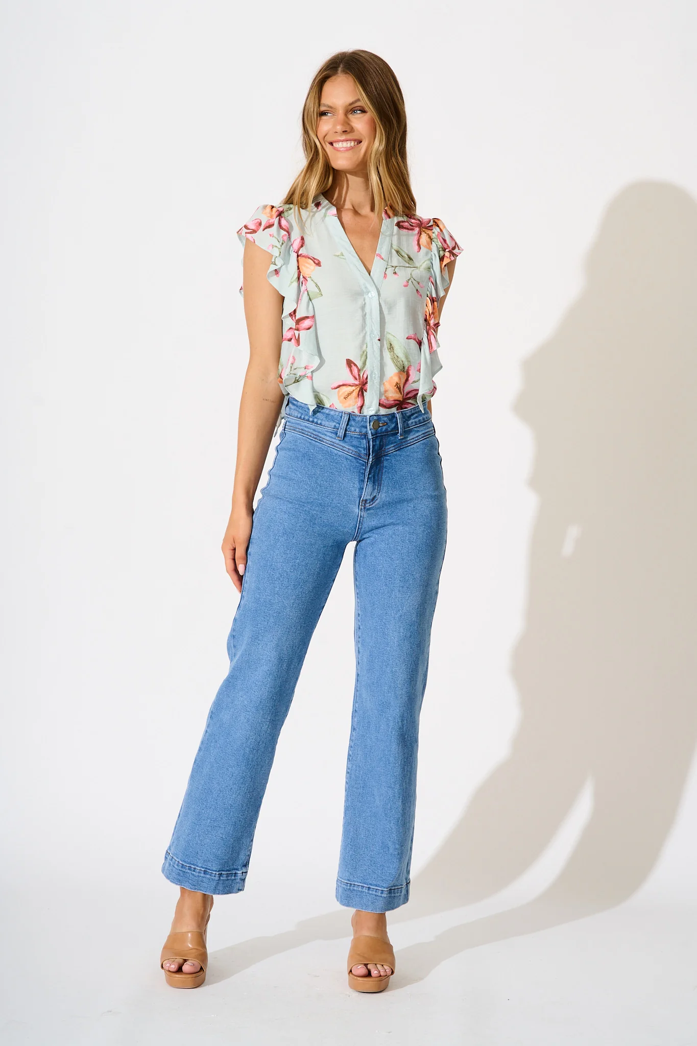Hallie Top in Pale Blue with Pink Floral Print - Image 4
