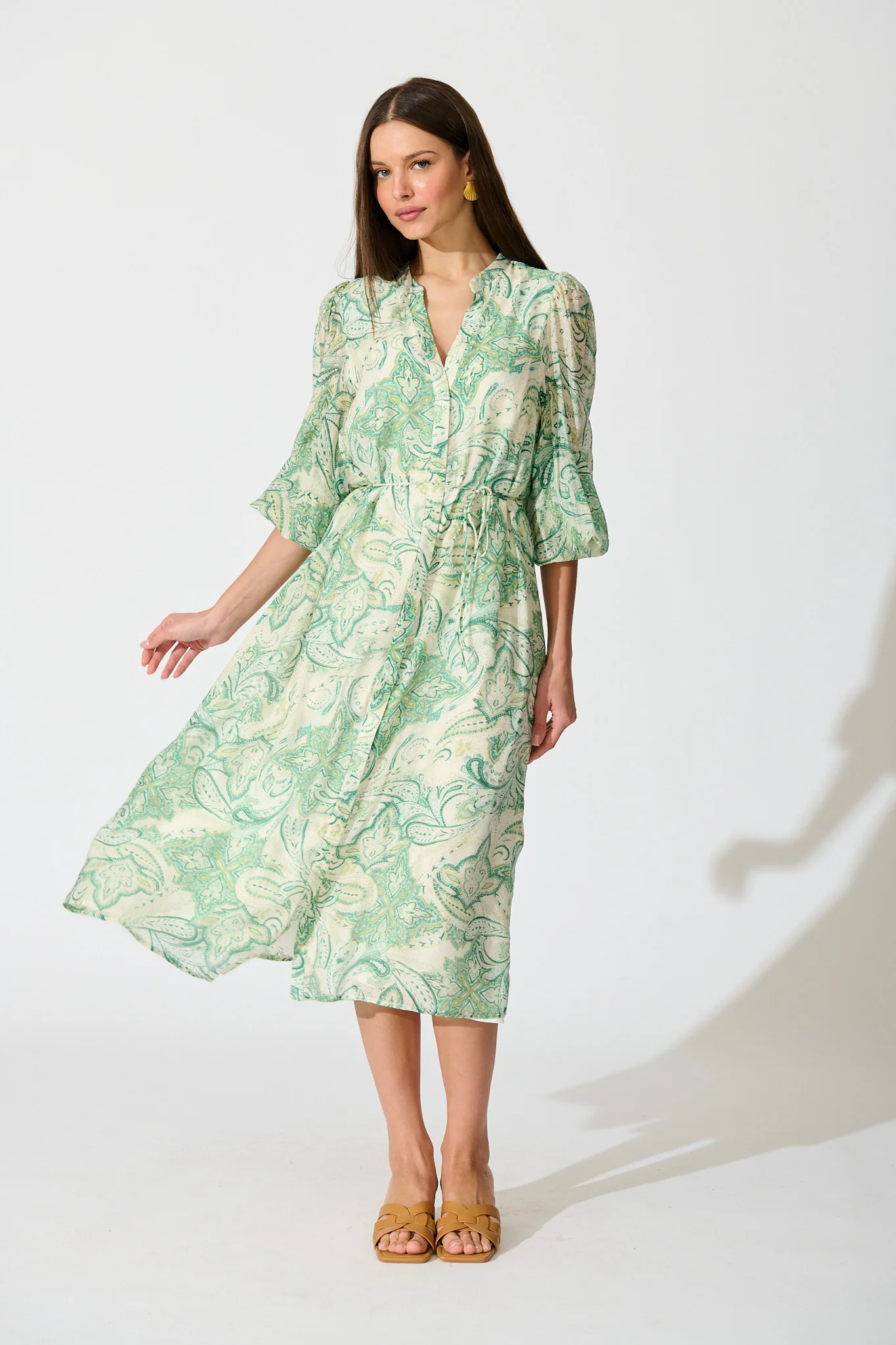 Halona Midi Dress in Green with Paisley Print