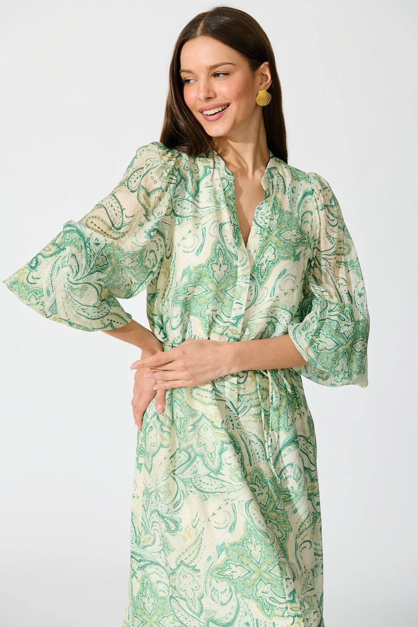 Halona Midi Dress in Green with Paisley Print - Image 2