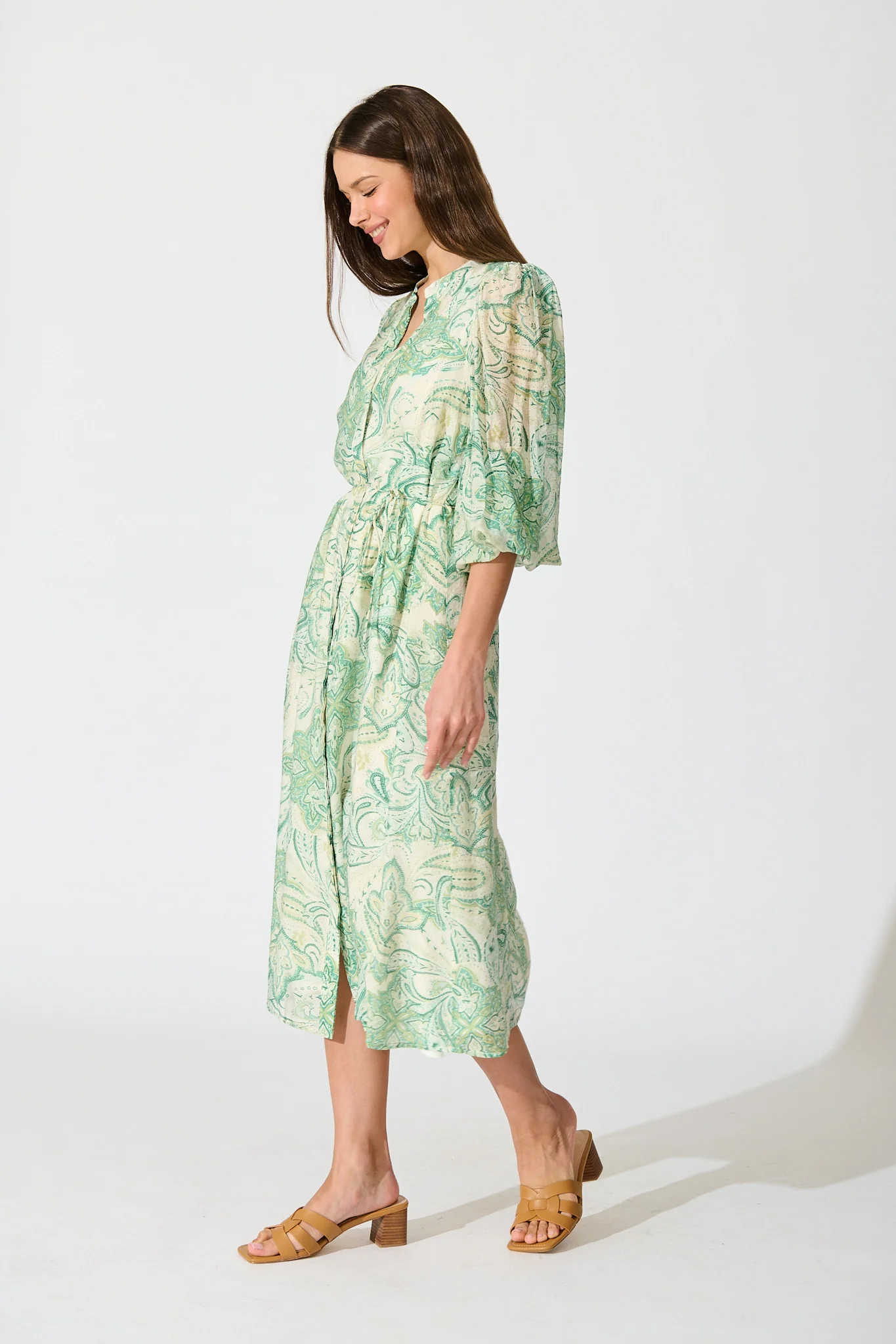 Halona Midi Dress in Green with Paisley Print - Image 3