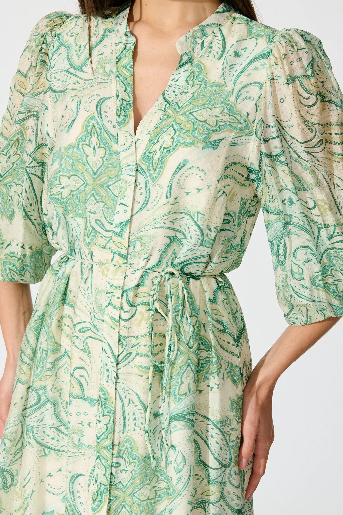 Halona Midi Dress in Green with Paisley Print - Image 5