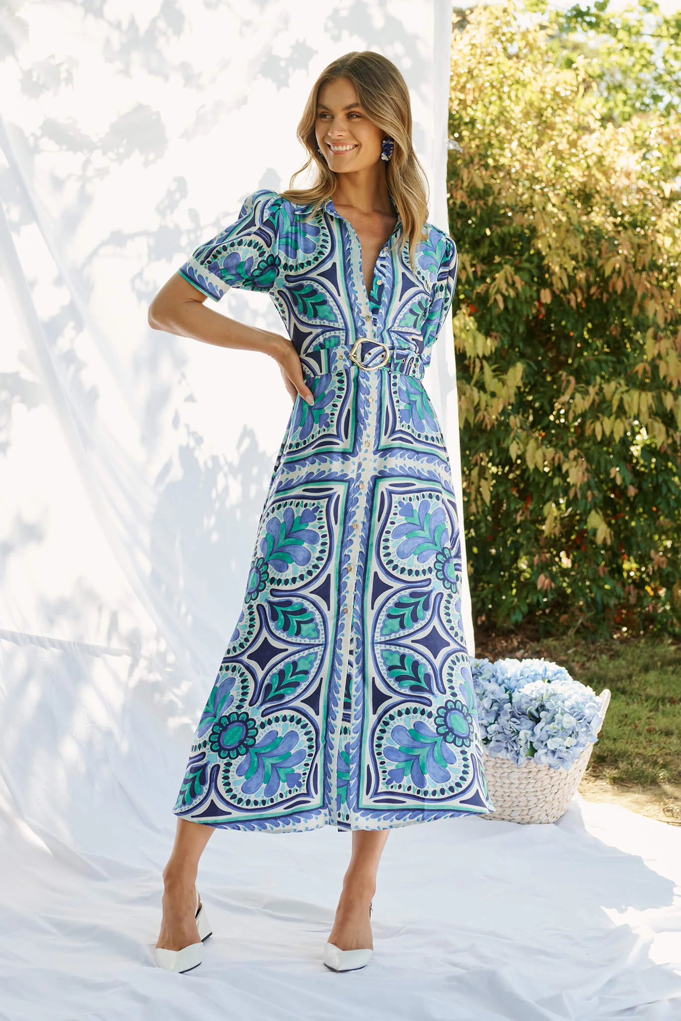 Halswell Maxi Shirt Dress In Blue And Green Tile Print - Image 3