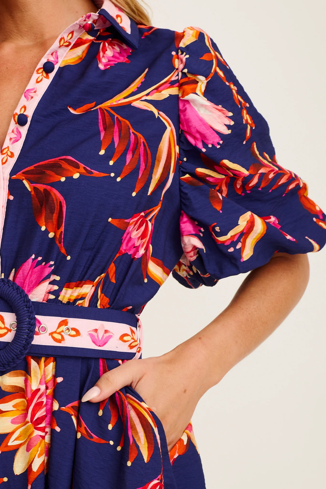 Hari Midi Shirt Dress in Navy with Pink Floral Linen Blend - Image 5