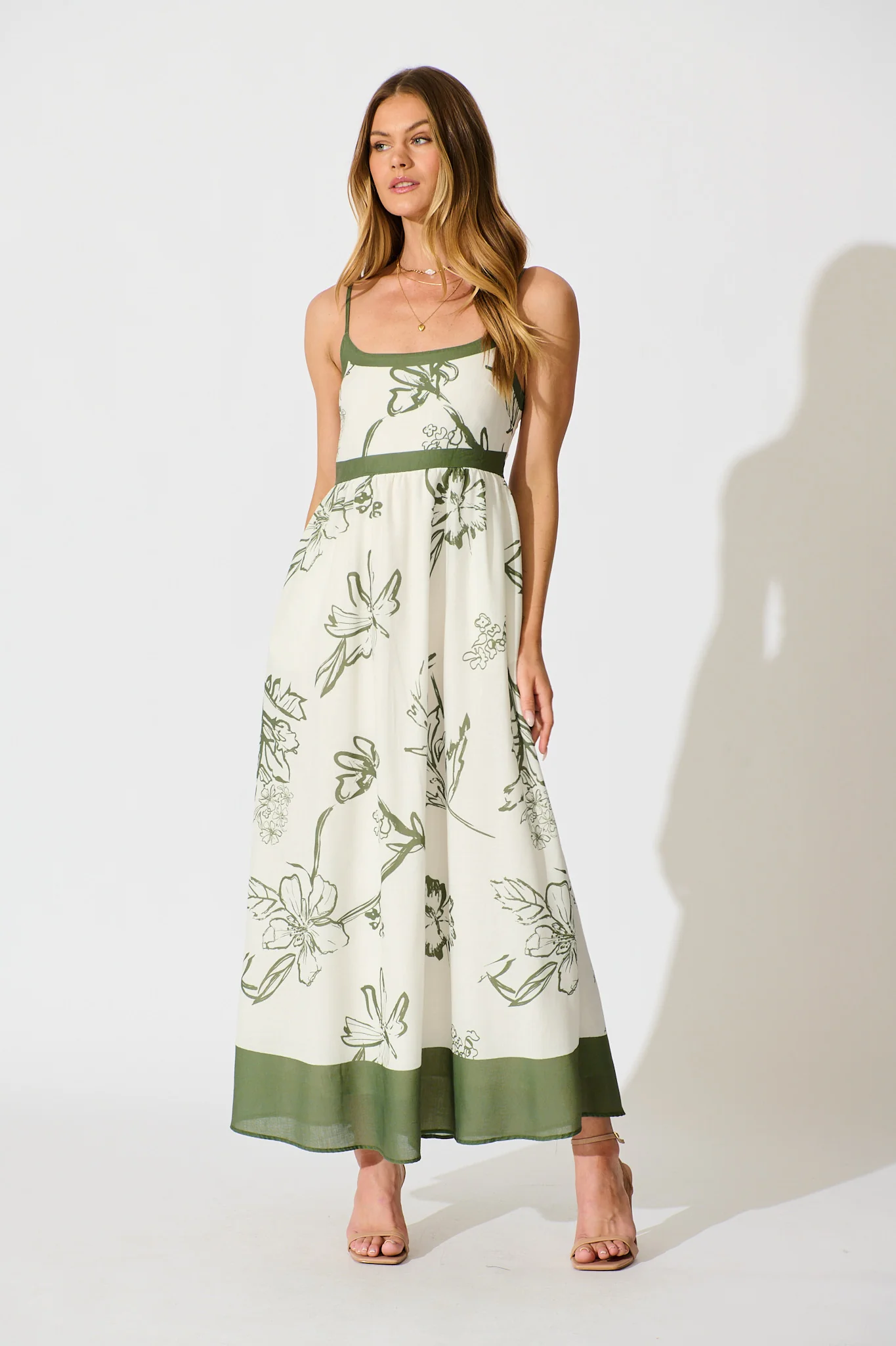 Harlan Maxi Sundress in Cream with Green Floral Linen blend