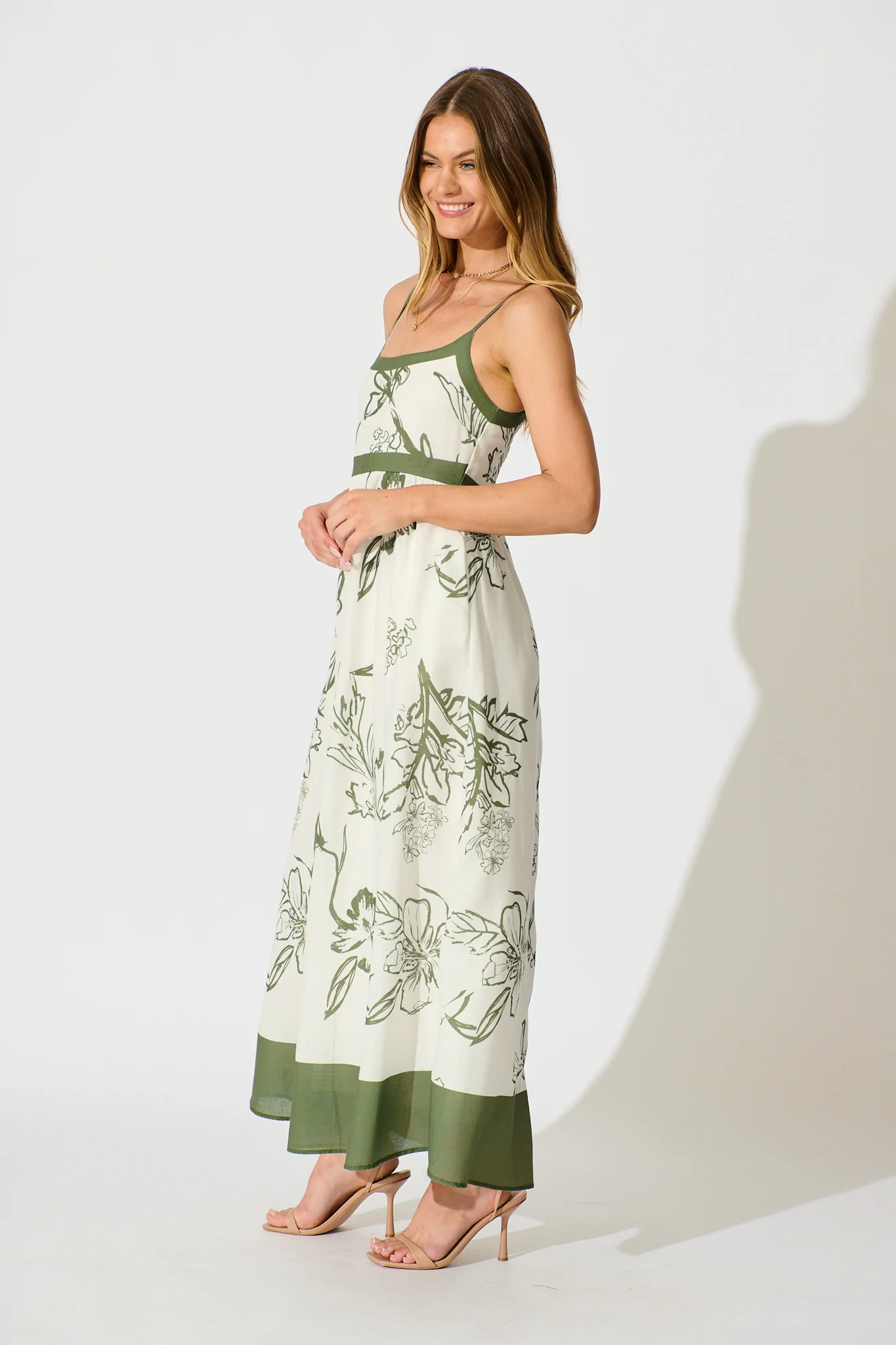 Harlan Maxi Sundress in Cream with Green Floral Linen blend - Image 3