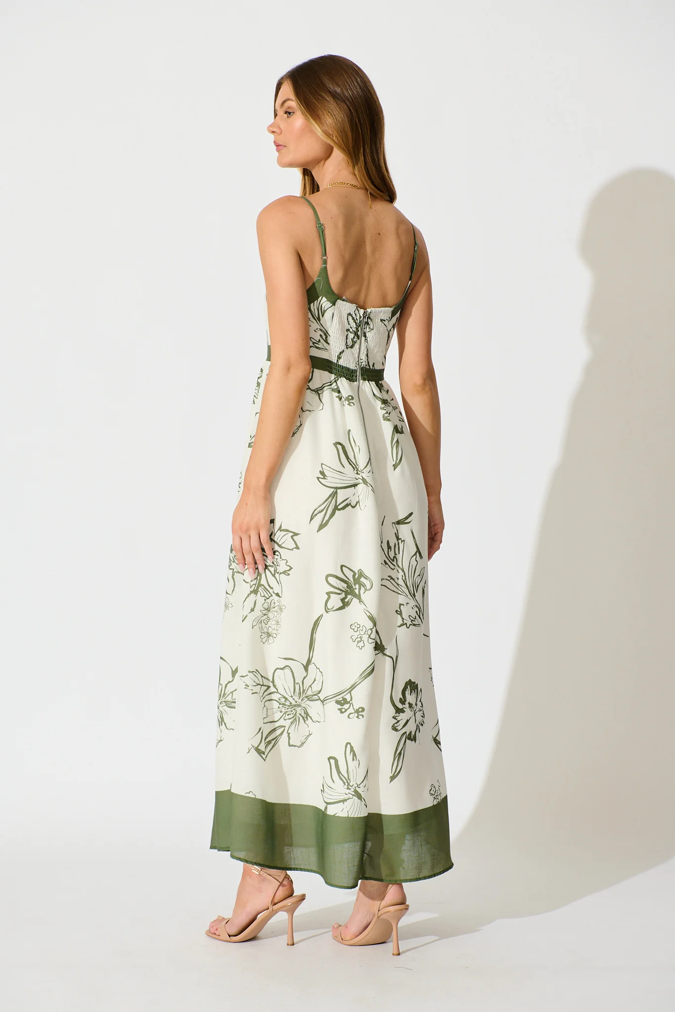 Harlan Maxi Sundress in Cream with Green Floral Linen blend - Image 4