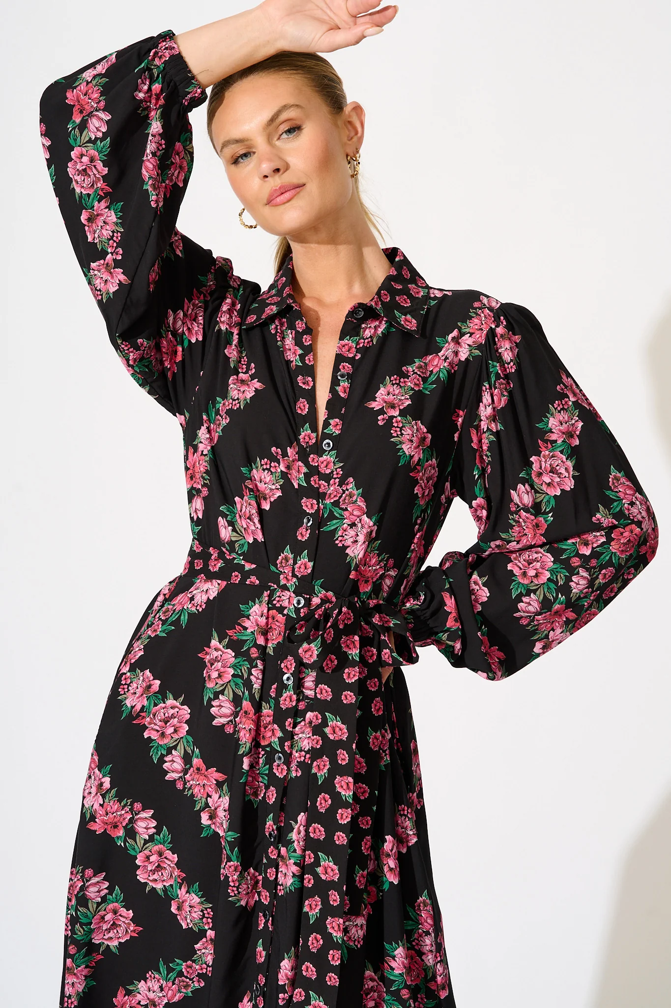 Harlee Midi Shirt Dress in Black with Pink Floral - Image 2