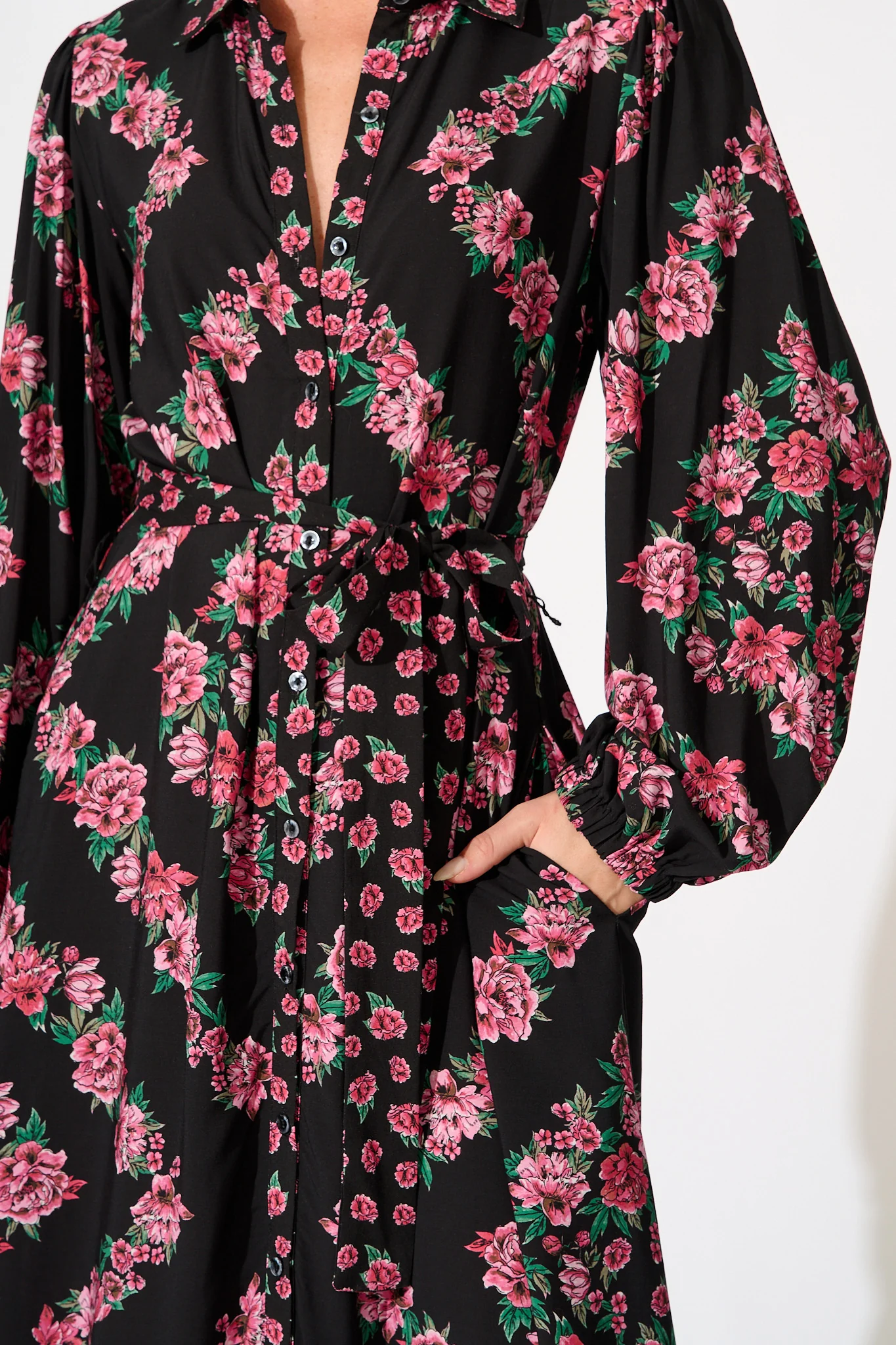Harlee Midi Shirt Dress in Black with Pink Floral - Image 5