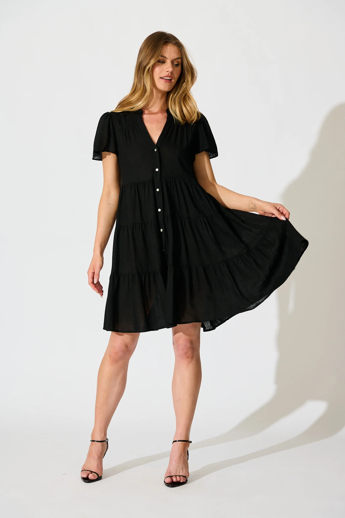 Harlene Smock Dress in Black Linen Blend