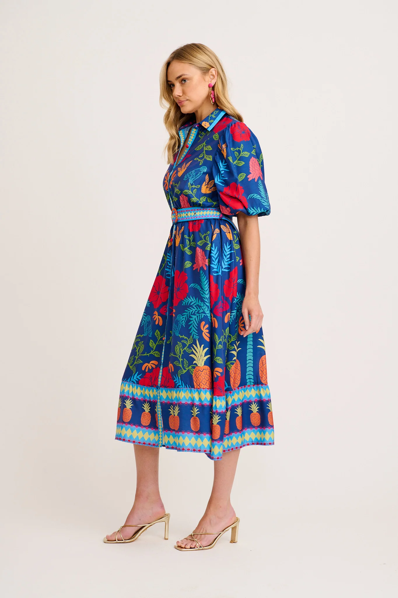 Harlyn Maxi Shirt Dress in Navy Multi Tropical Linen Blend - Image 3