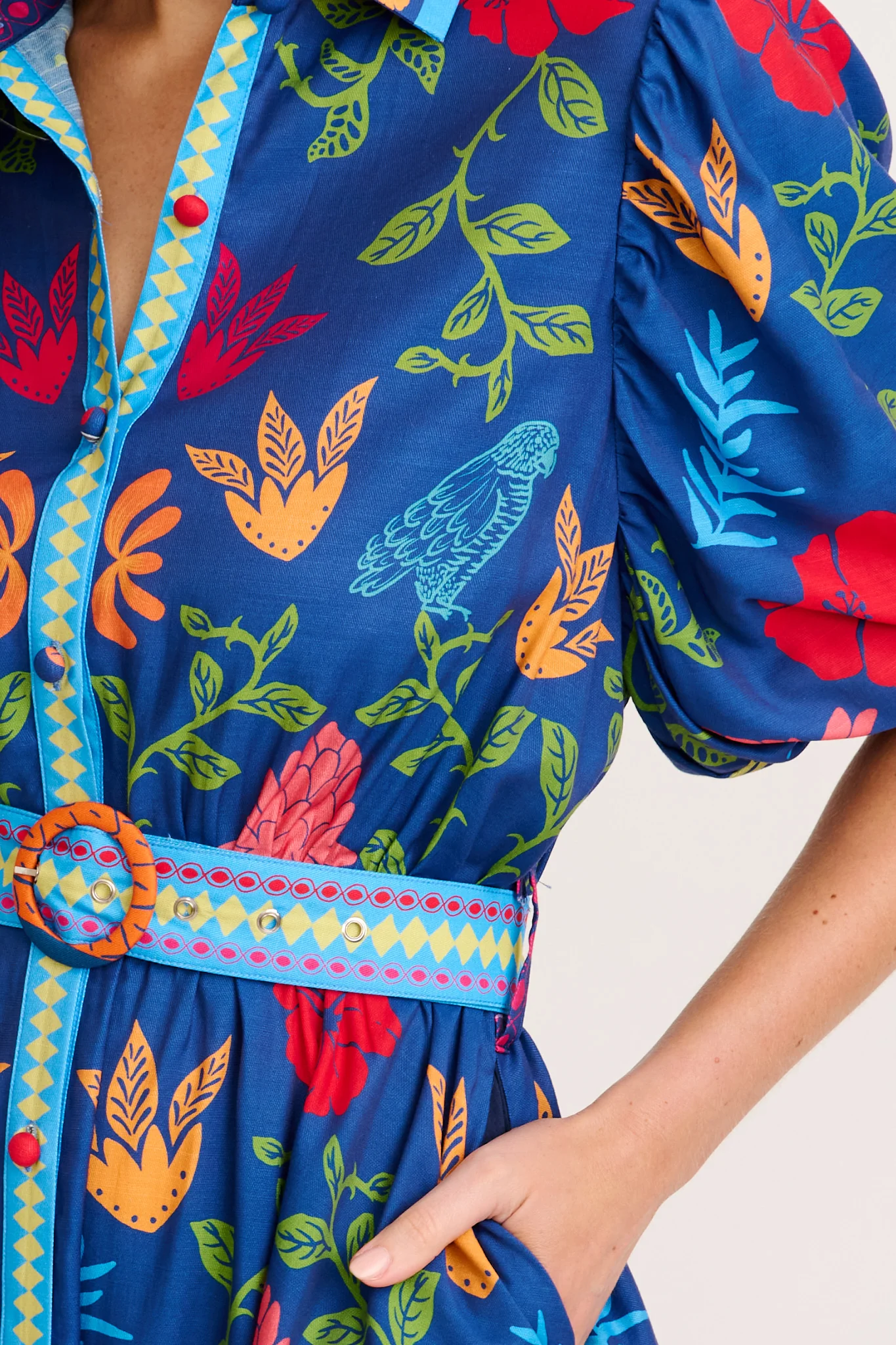 Harlyn Maxi Shirt Dress in Navy Multi Tropical Linen Blend - Image 5
