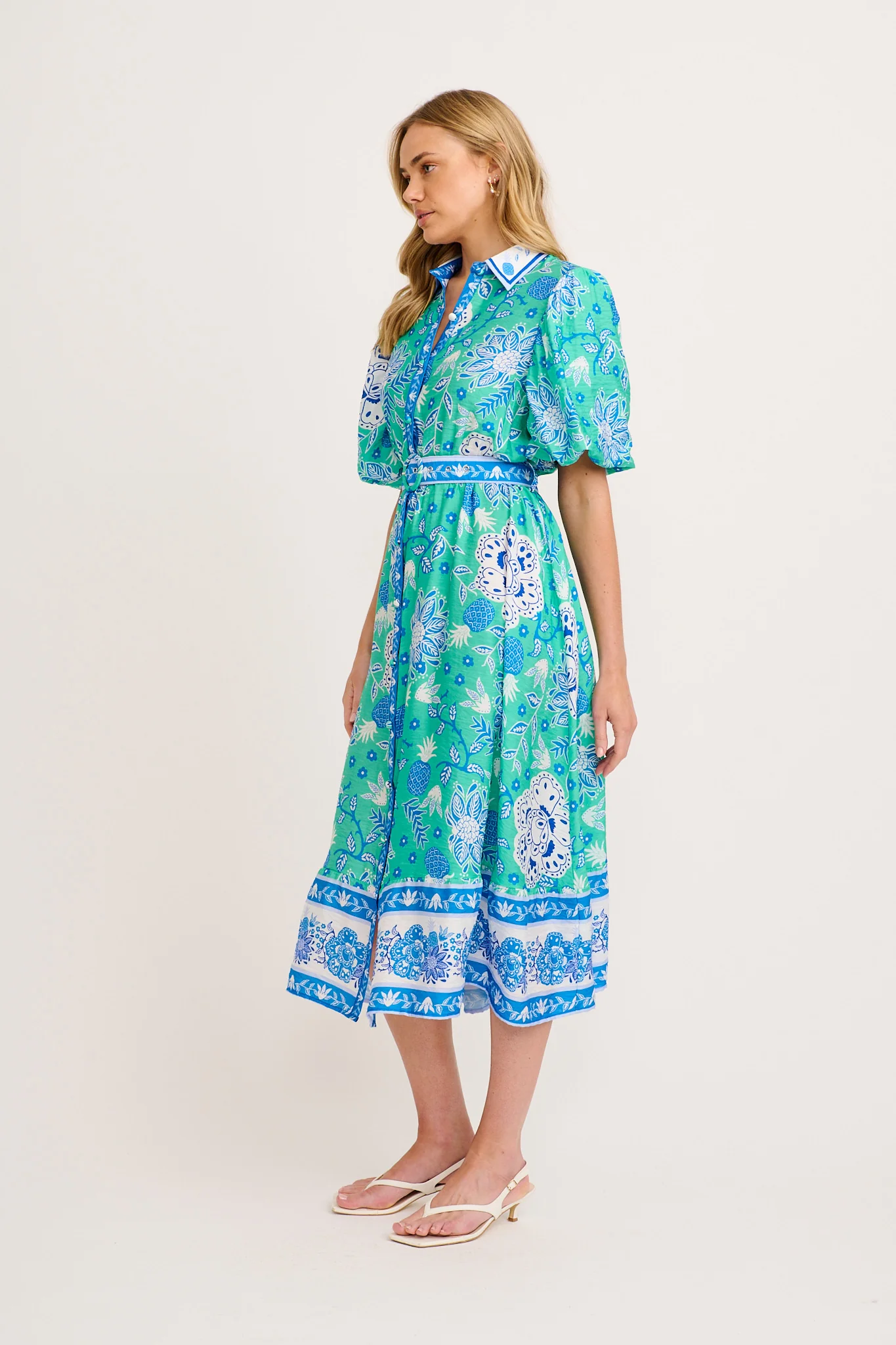 Harlyn Maxi Shirt Dress in Green with Blue Floral Linen Blend - Image 3