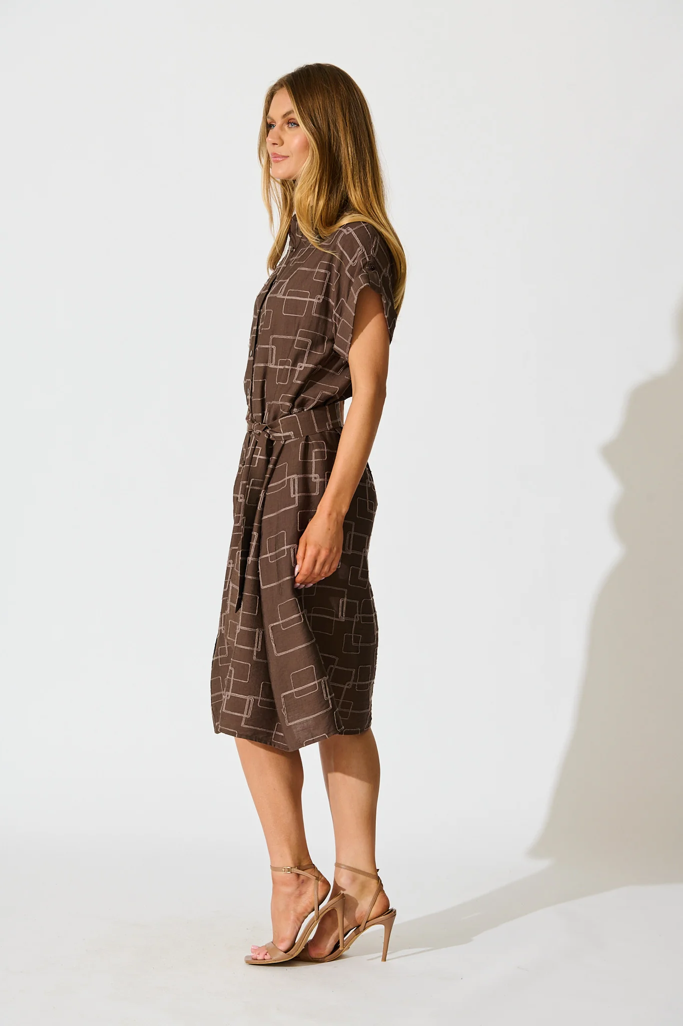 Hartlee Midi Shirt Dress in Brown Embroidery Linen Blend - Image 3